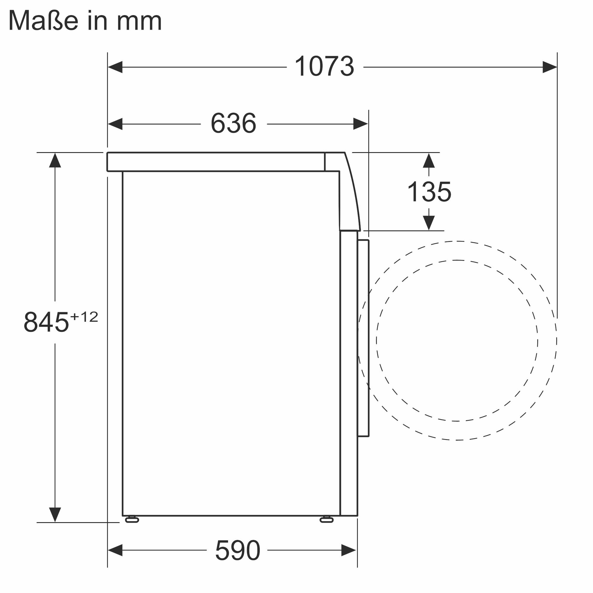 Seitliche technische Zeichnung einer Waschmaschine mit den Maßen: Höhe 845+12 mm, Breite 590 mm, Tiefe 636 mm, mit geöffneter Tür 1073 mm.