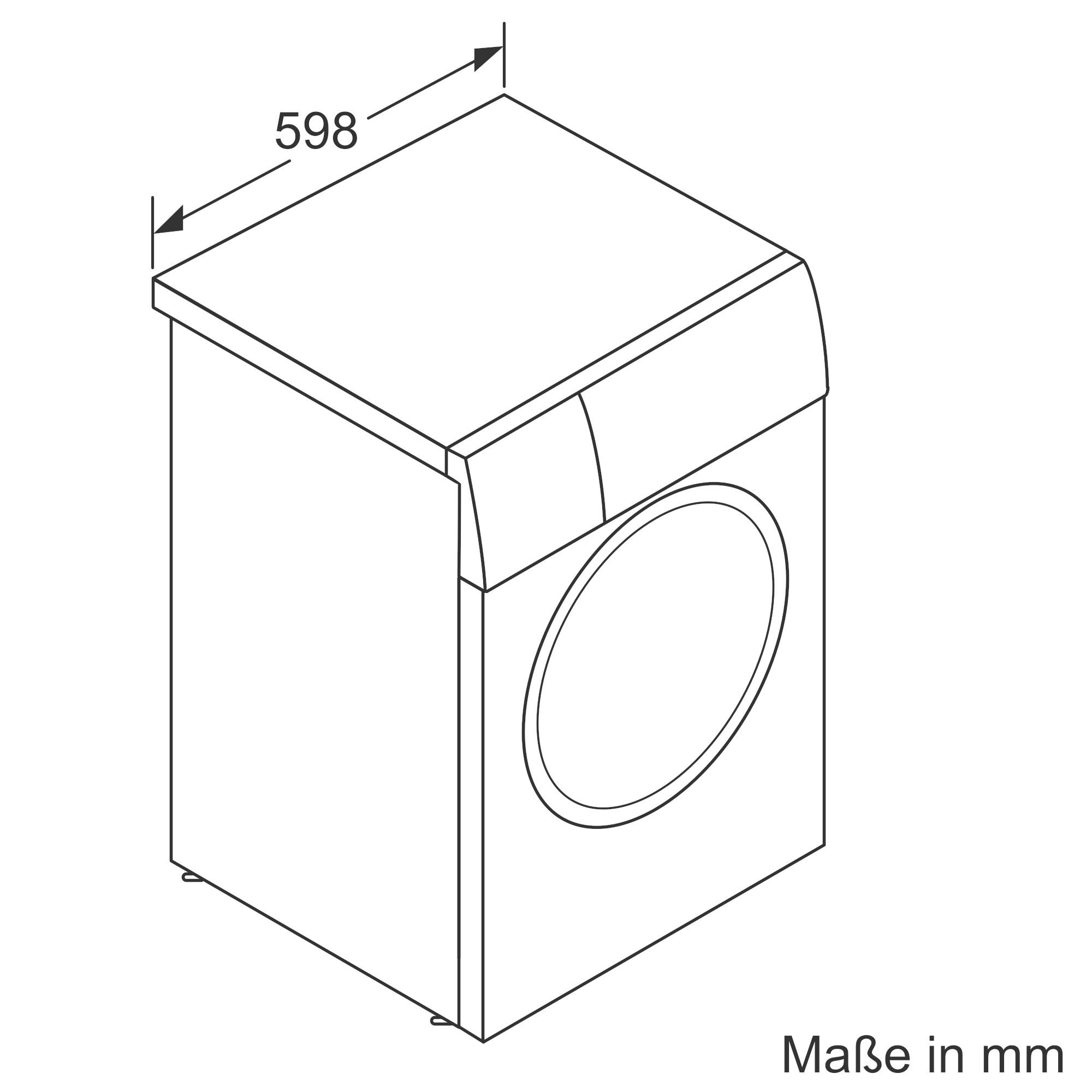 Zeichnung eines Trockners mit den Maßen 598 mm Breite. Gezeigt wird die Vorder- und Seitenansicht. Beschriftung 'Maße in mm'.