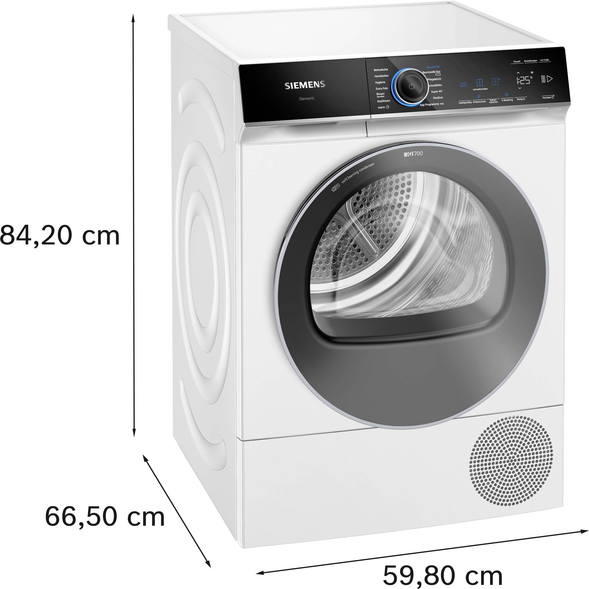 Ein weißer Wäschetrockner von Siemens mit einem digitalen Bedienelement, frontal sichtbar. Maße: 84,20 cm hoch, 59,80 cm breit, 66,50 cm tief.