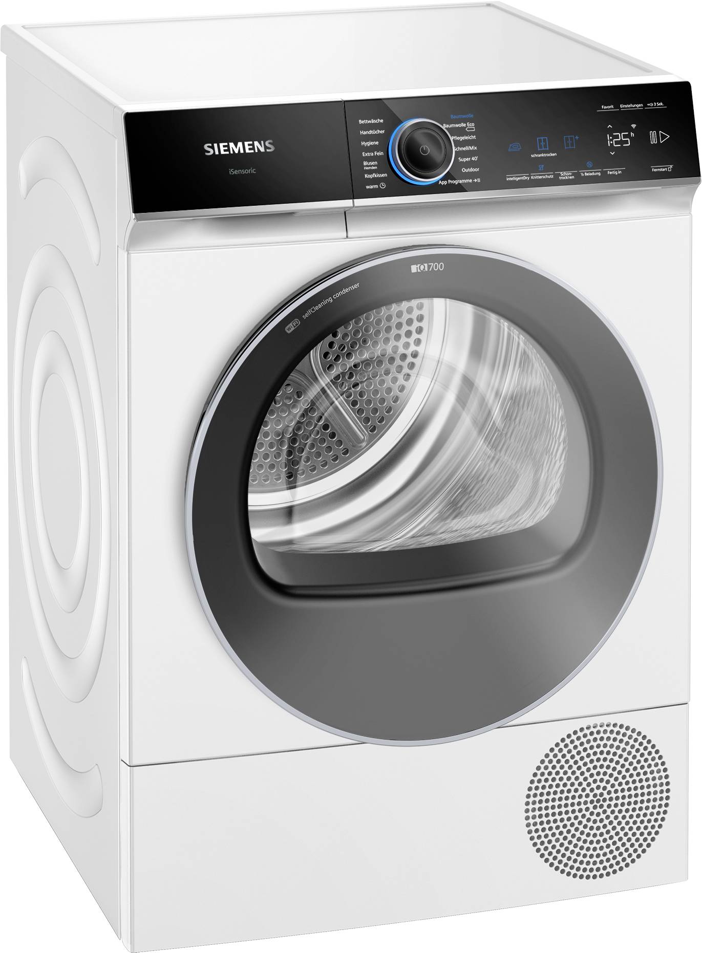 Weiße Siemens-Wäschetrockner mit großem Bullauge und digitalem Bedienfeld oben. Ideal für energieeffizientes Trocknen.