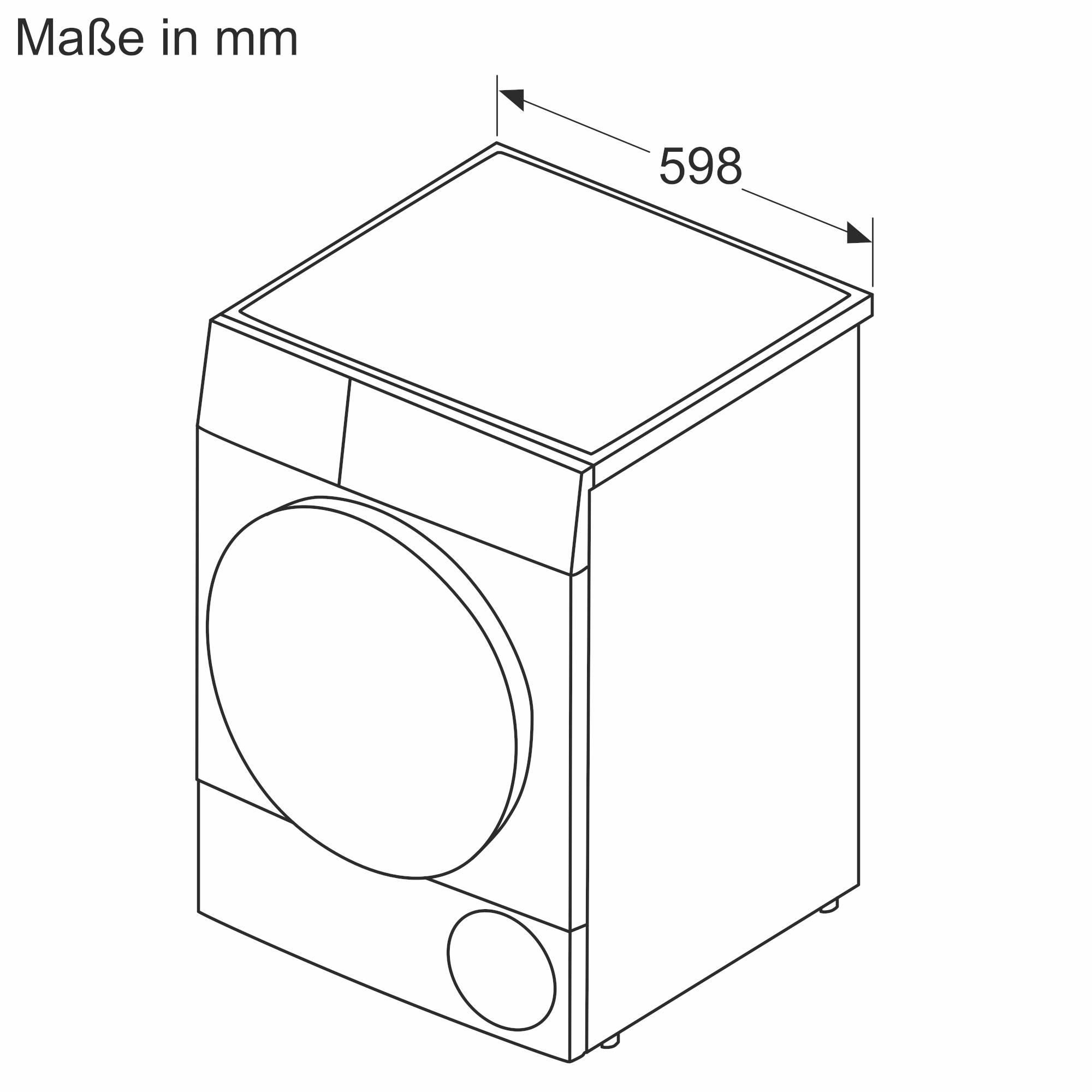 Technische Zeichnung eines Haushaltsgeräts mit den Maßen 598 mm in der Breite, abgebildet in perspektivischer Ansicht.