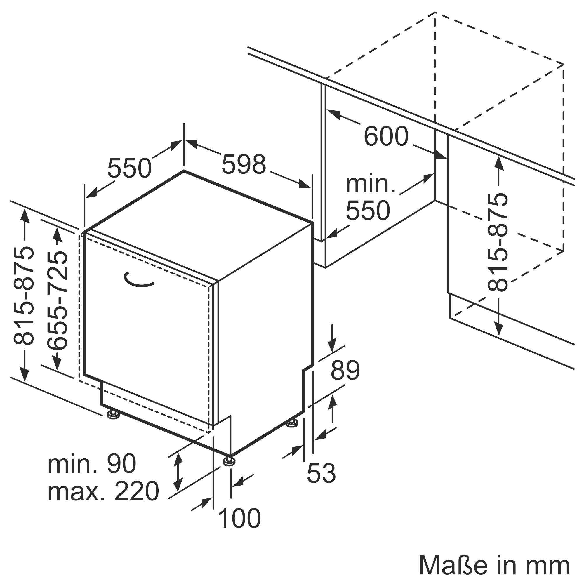 Einbauzeichnung für Geschirrspüler: Breite 598 mm, Höhe 815-875 mm, Tiefe 550 mm. Nischenhöhe: 815-875 mm, Tiefe: 550 mm. Maße in mm.