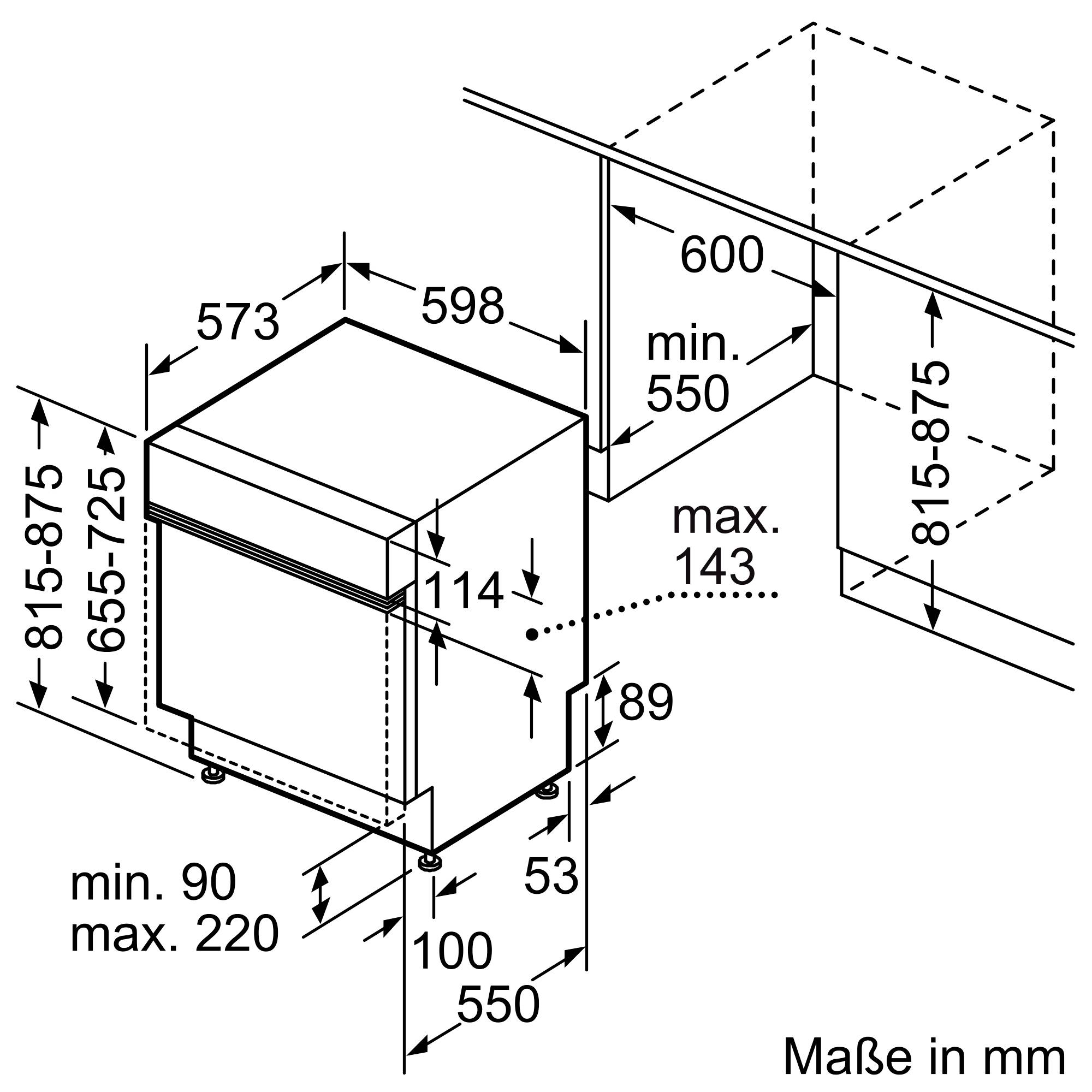 Einbauzeichnung eines Kühlgeräts mit Abmessungen: Breite 598 mm, Höhe 815-875 mm, Tiefe 573 mm. Platz für Belüftung gezeigt.