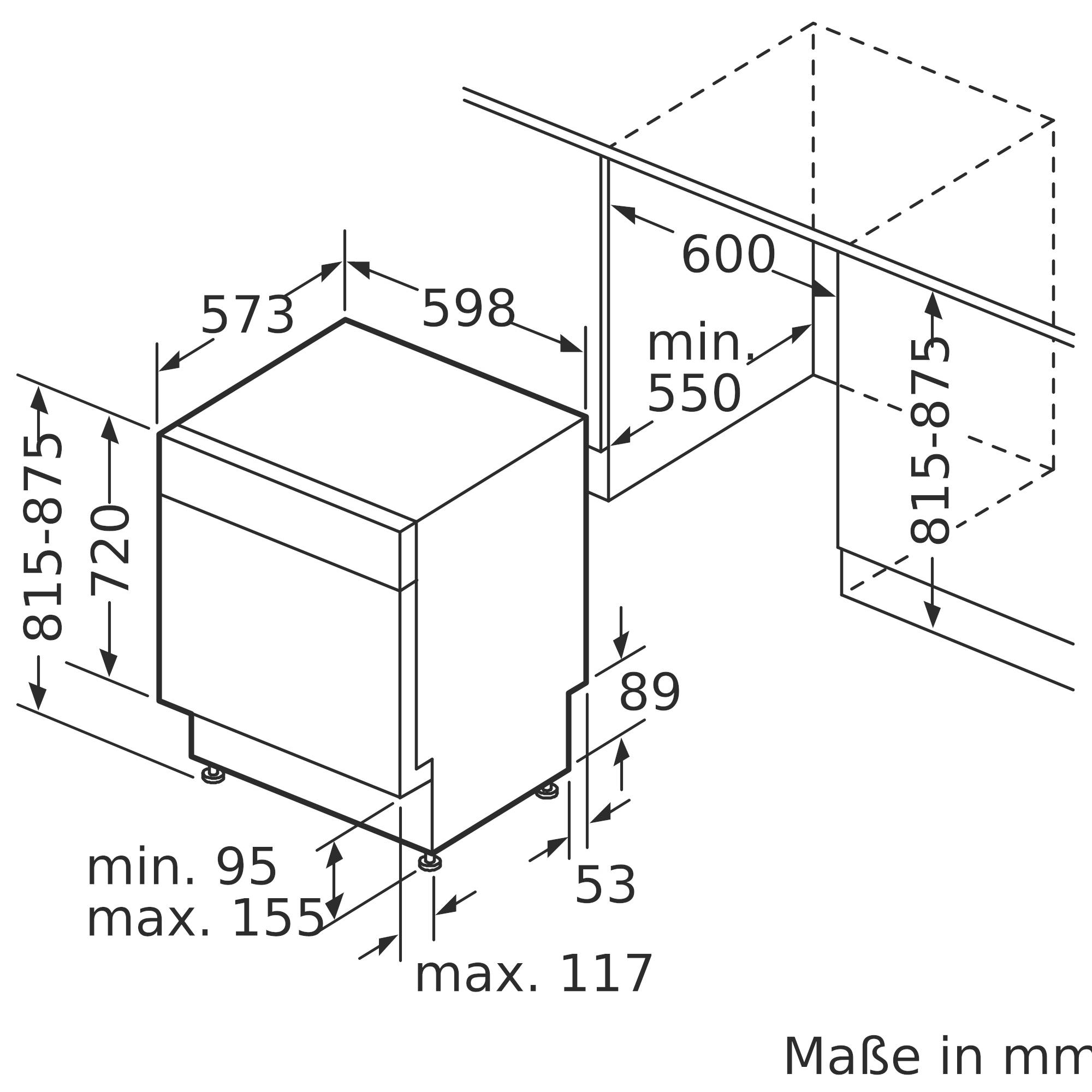 Einbauanleitung eines Küchenschranks mit angegebenen Maßen in Millimetern. Breite: 598, Tiefe: 573, Höhe: 815-875. Maximale Sockelhöhe 155 mm.