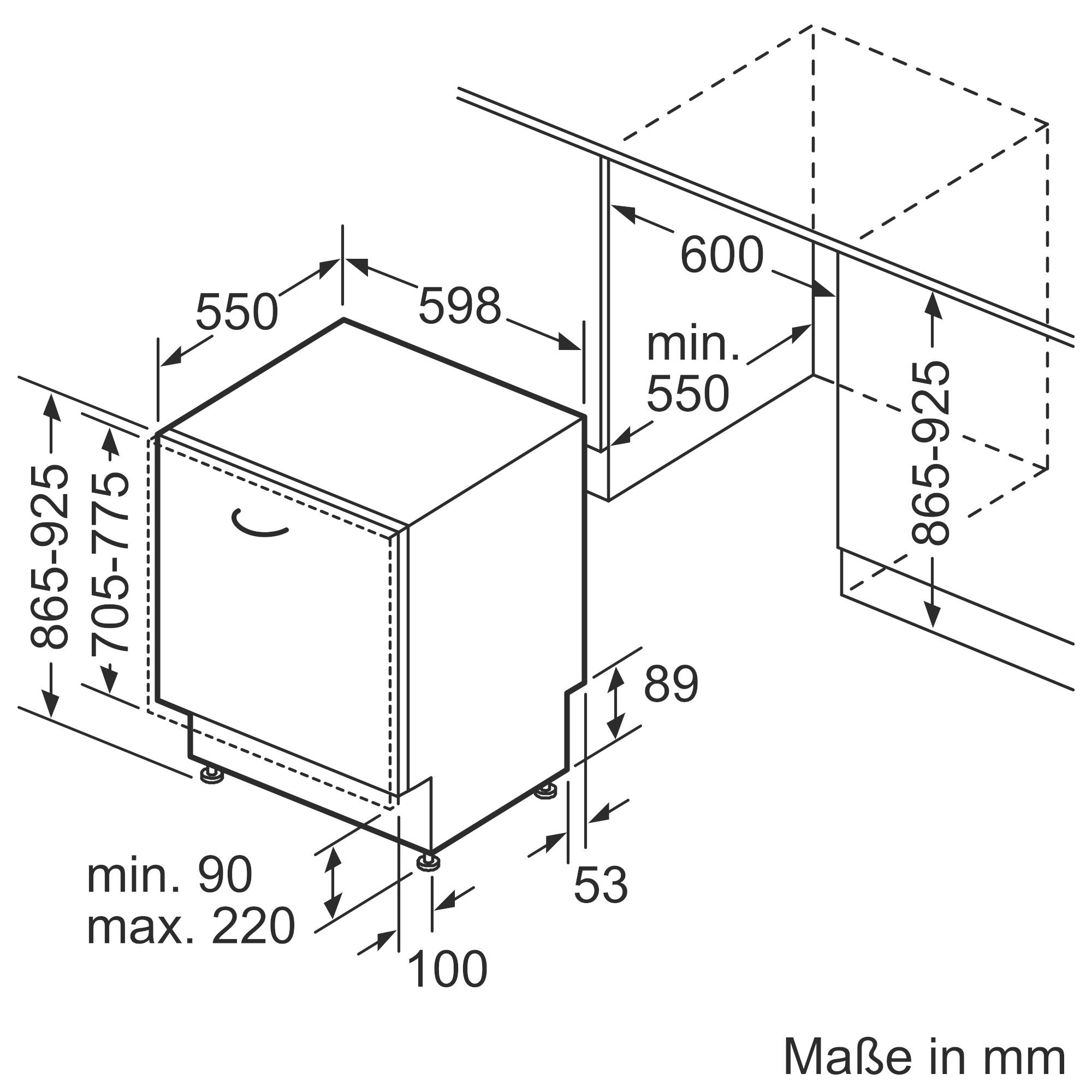 Einbauplan für einen Geschirrspüler mit Abmessungen: Breite 598 mm, Tiefe 550 mm, Höhe 865-925 mm. Höhenverstellbare Füße und notwendiger Abstand oben.