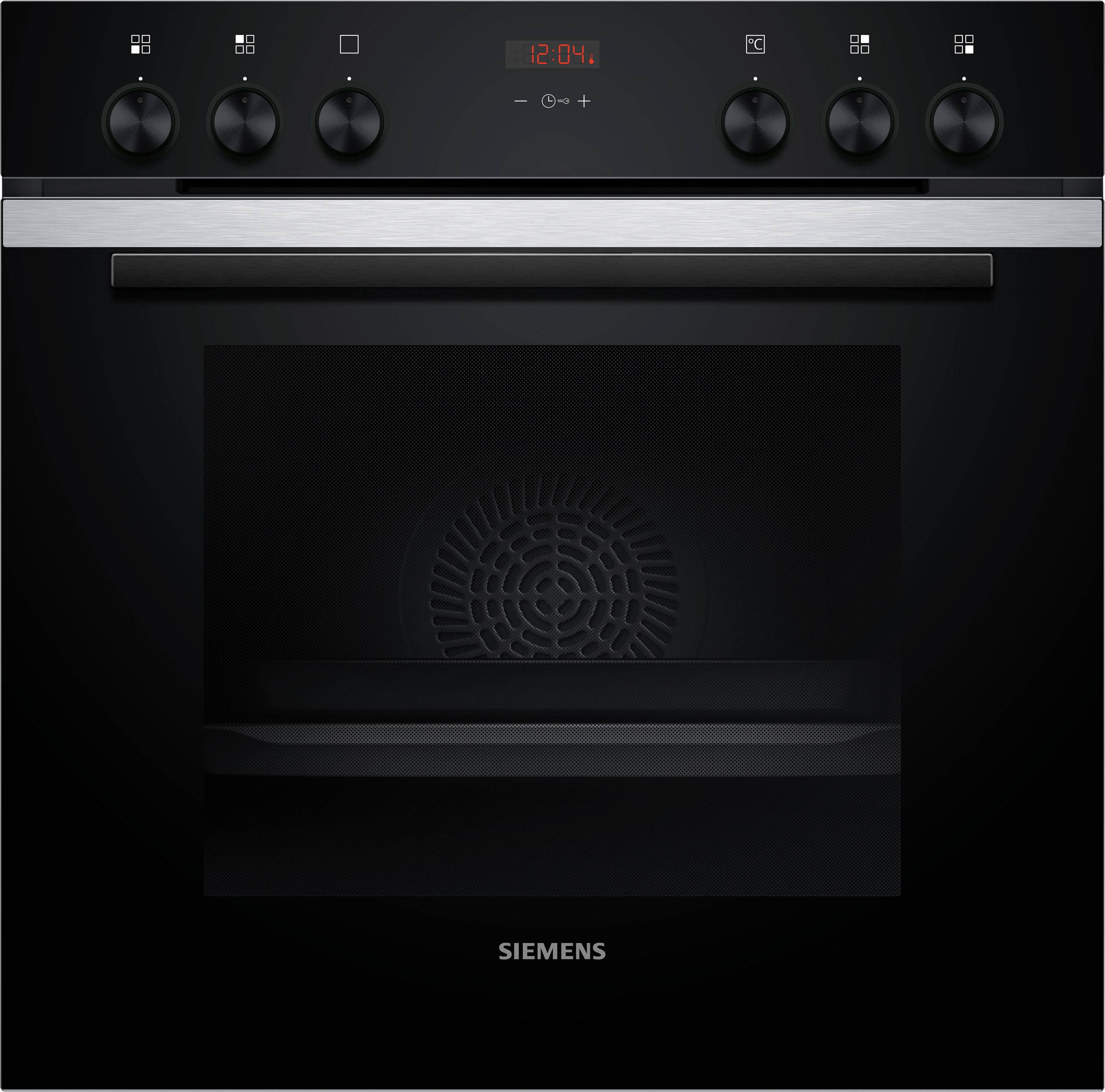 Ein schwarzer Siemens-Backofen mit digitaler Uhranzeige oben. Knöpfe zur Steuerung der Ofenfunktionen sind sichtbar.