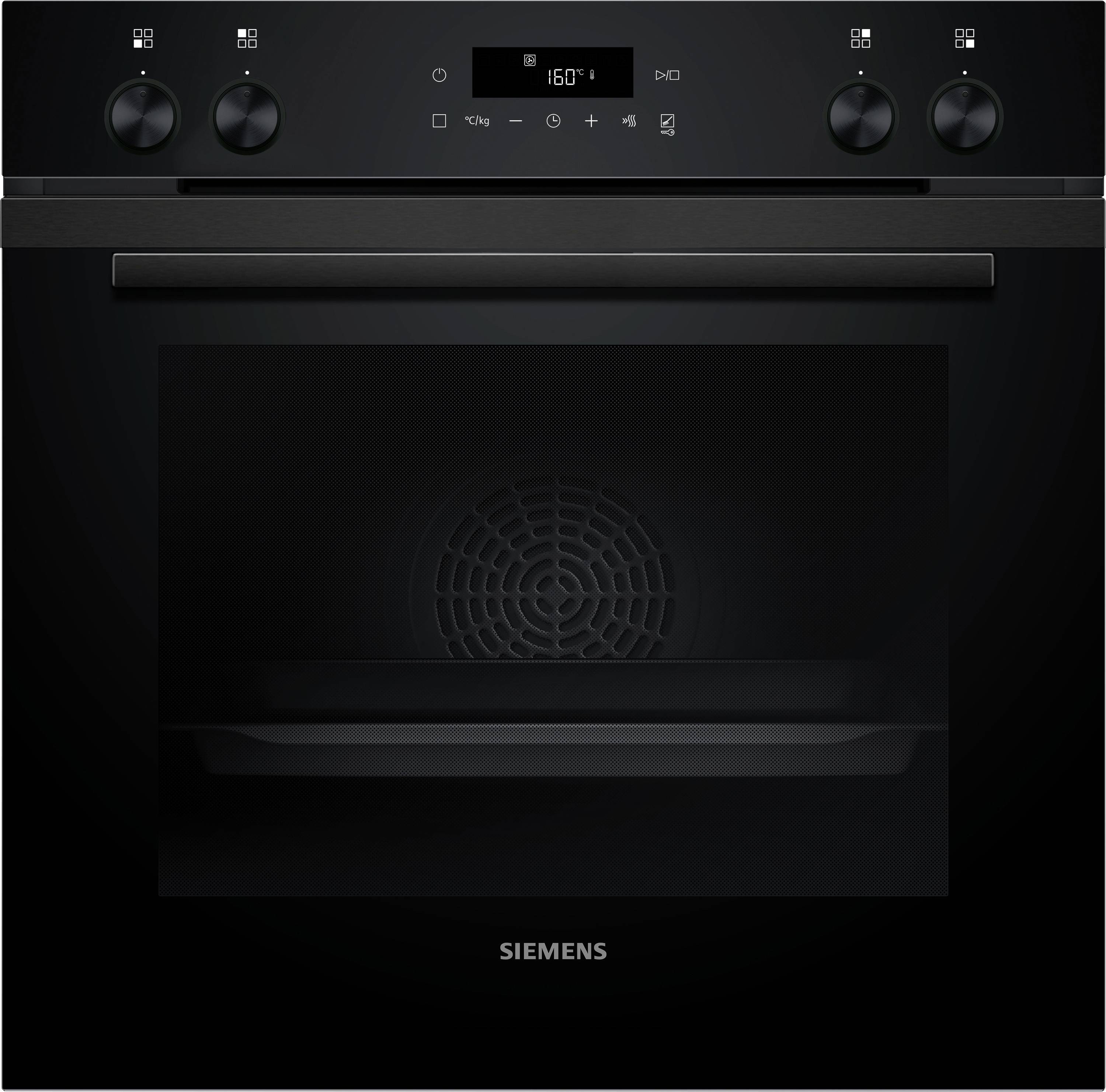 Elektrischer Backofen in Schwarz mit digitalem Display, Temperatur auf 160°C eingestellt, Bedienknöpfe oben links und rechts.