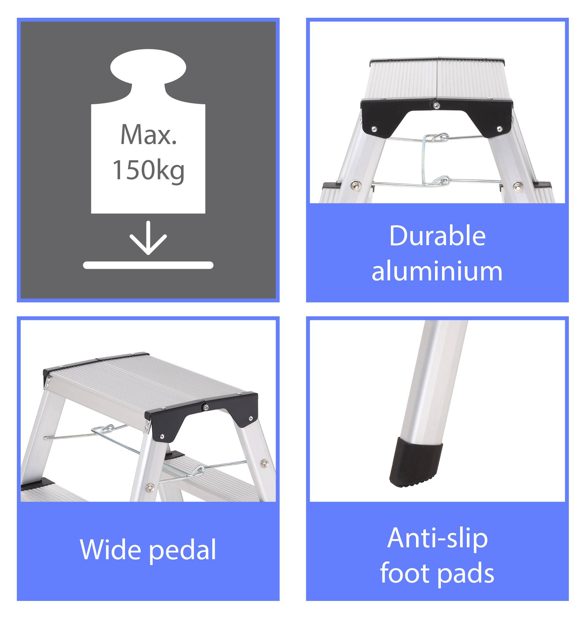 Aluleiter, maximale Traglast 150 kg, aus haltbarem Aluminium. Merkmale: Breite Pedale, rutschfeste Fußpolster für mehr Sicherheit.