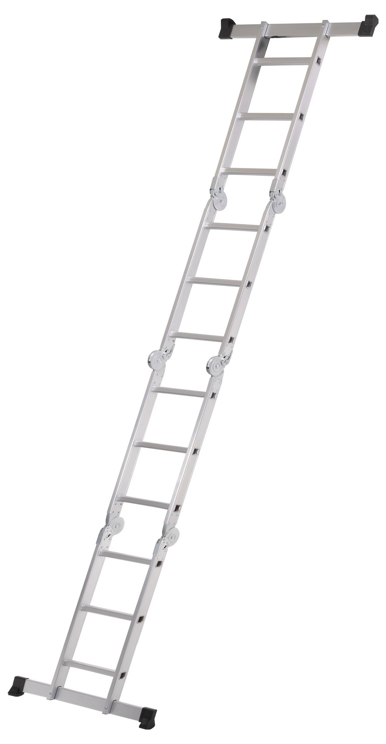 Eine ausgezogene Aluminiumleiter mit mehreren verstellbaren Gelenken, die im Freien oder in Innenräumen für vielseitige Arbeiten verwendet werden kann.