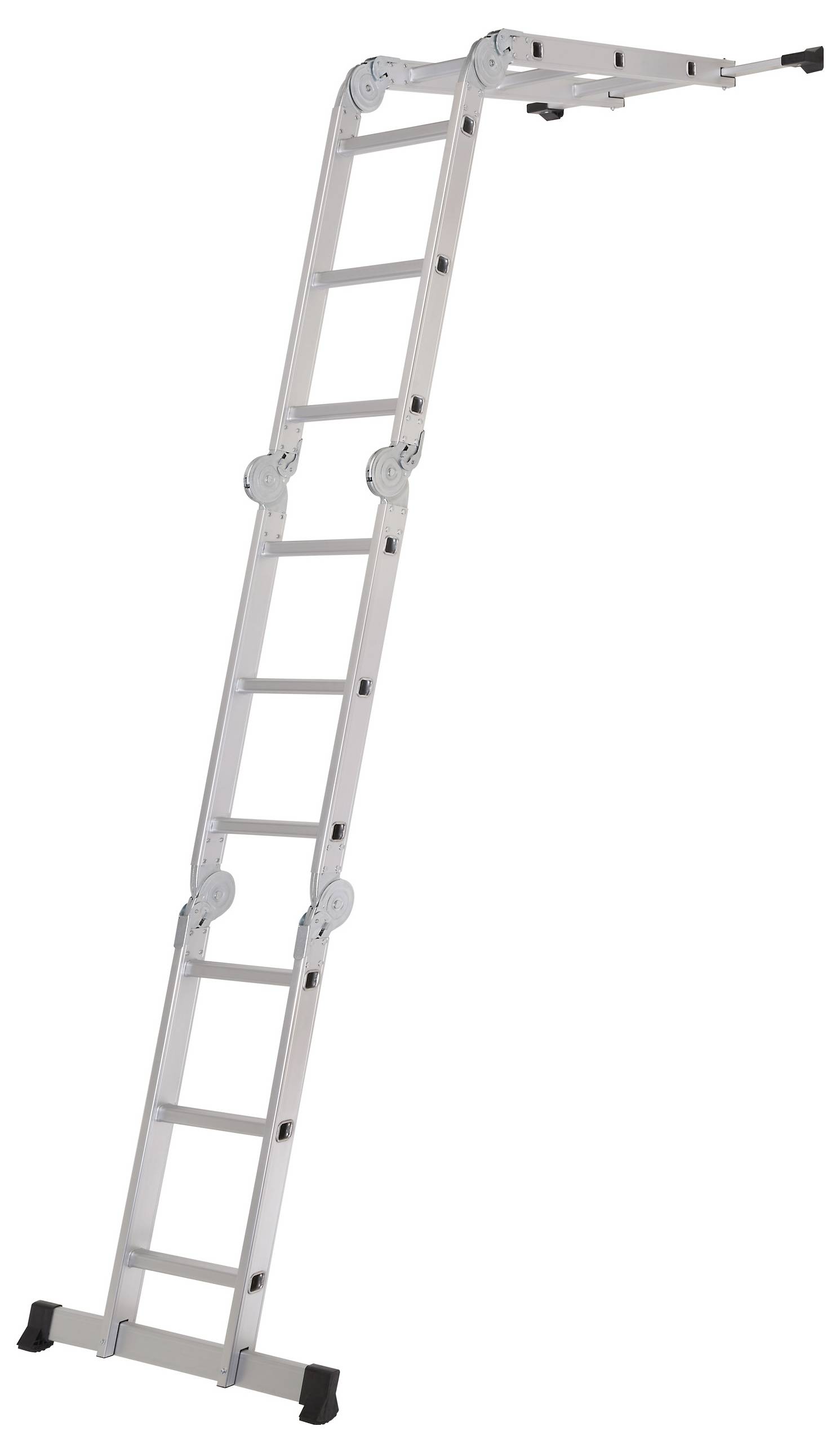 Eine silberne Aluminium-Leiter mit mehreren Segmenten, die sich zur Stabilisierung ausklappen lässt. Sie steht aufrecht und zeigt ihre Vielseitigkeit.