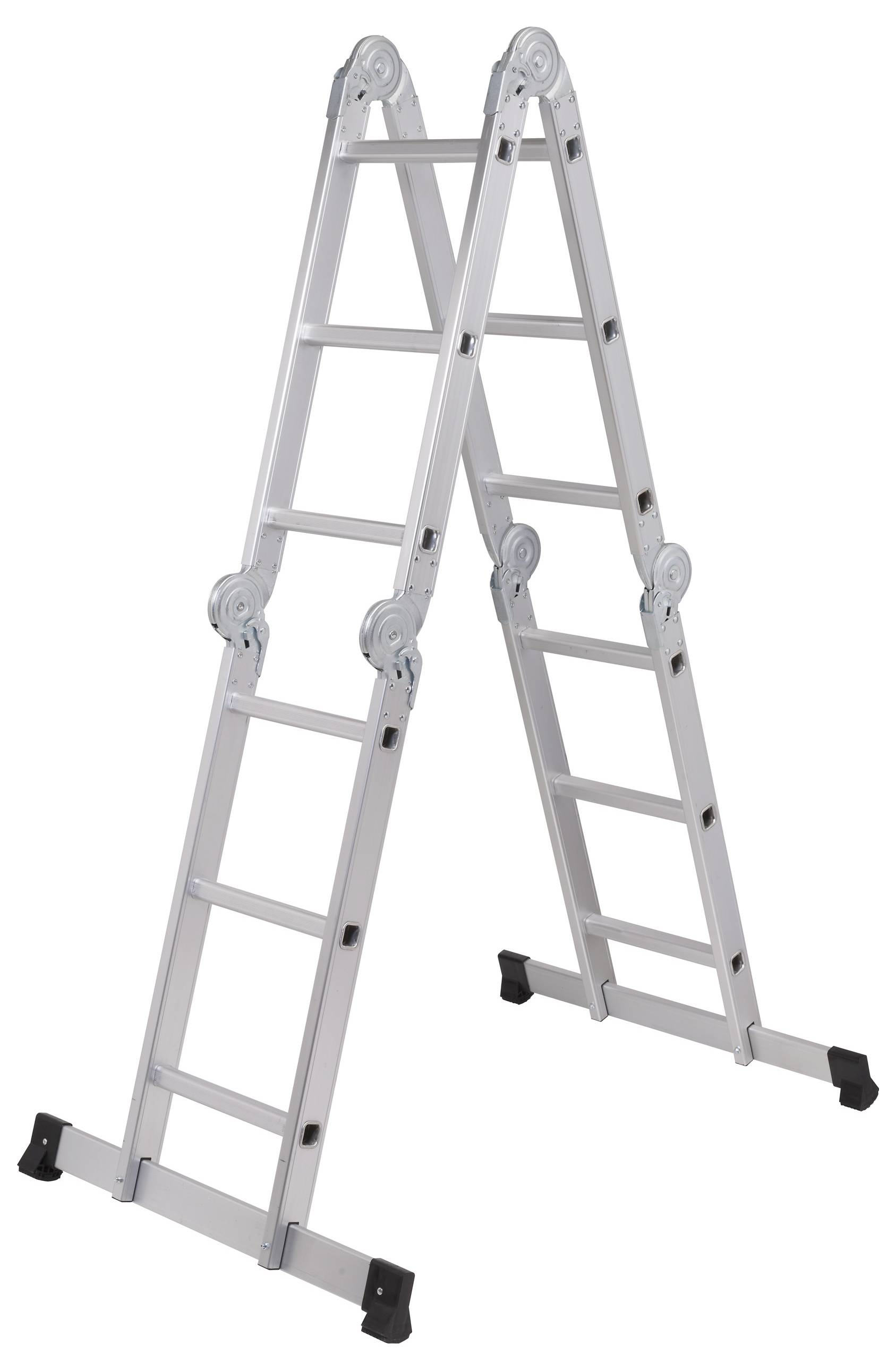 Eine silberne, klappbare Mehrzweckleiter in A-Form mit vier Gelenken, geeignet für verschiedene Arbeiten auf unterschiedlichen Höhen.