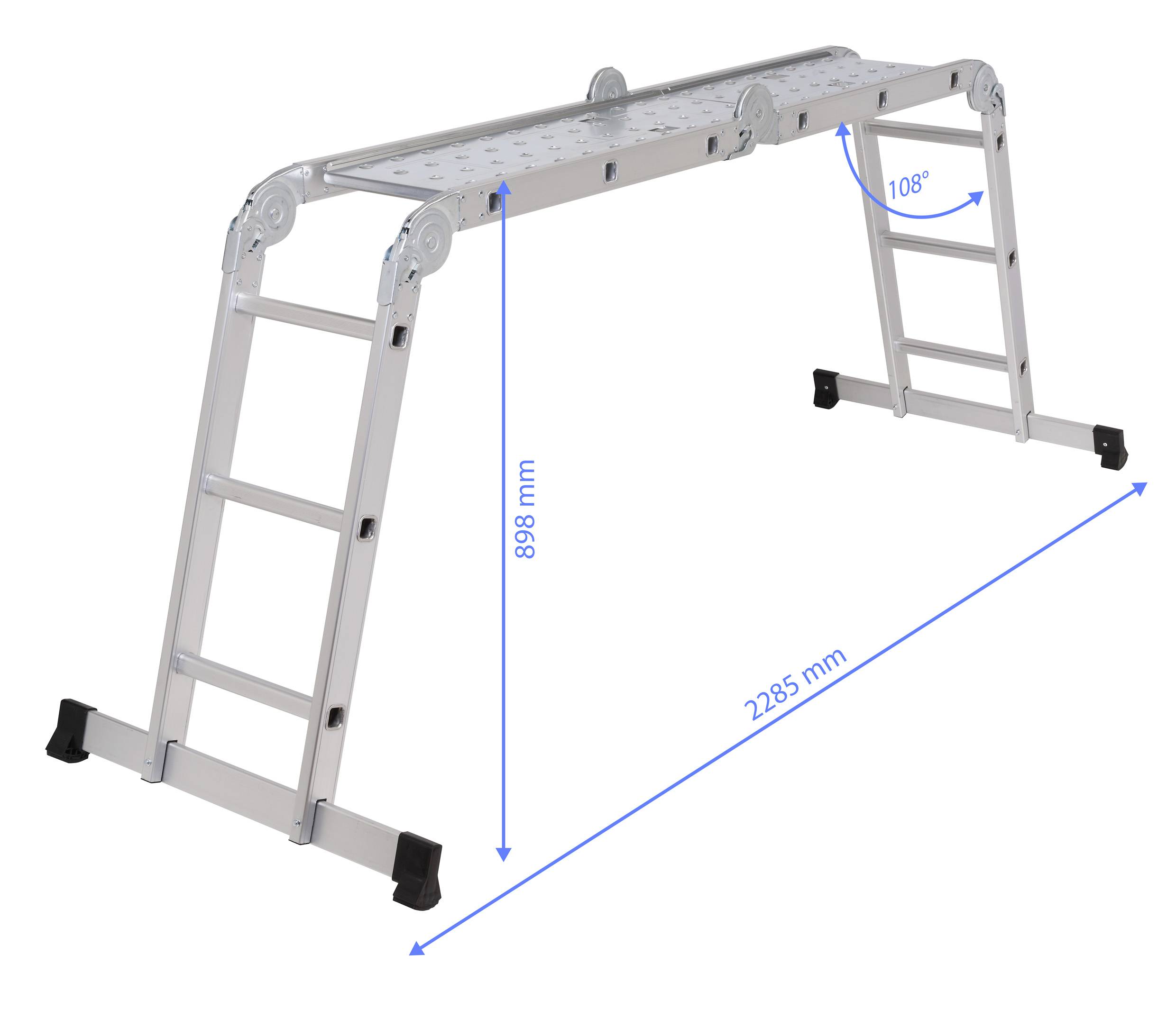 Aluminium-Teleskopleiter ausgeklappt zur Plattform mit Maßen: Höhe 898 mm, Gesamtlänge 2285 mm, Winkel 108°.
