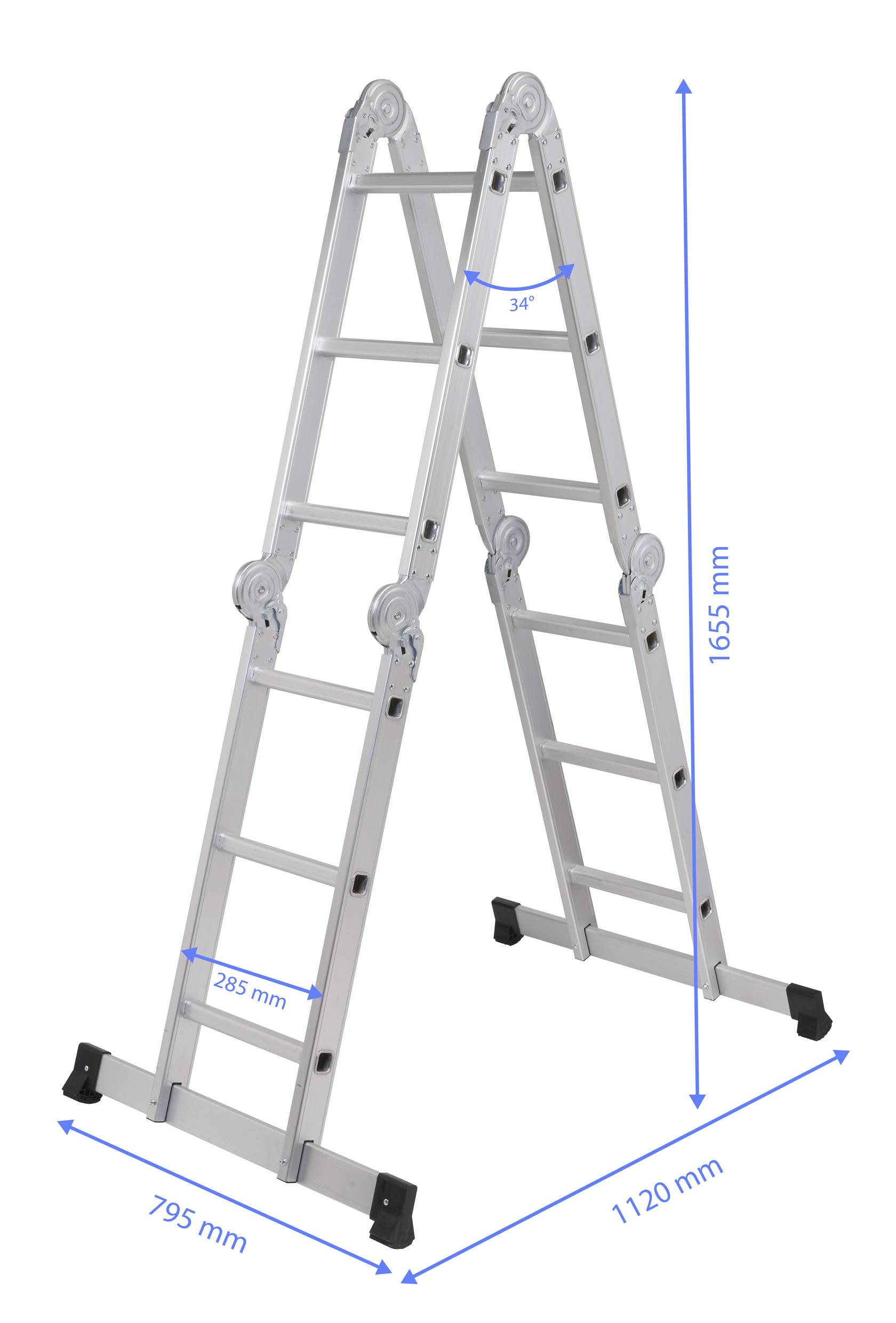 Aluminiumleiter mit mehreren Gelenken, ausgeklappt in einer A-Form. Maße: 795 mm und 1120 mm Breite, 1655 mm Höhe, 285 mm Sprossenabstand.