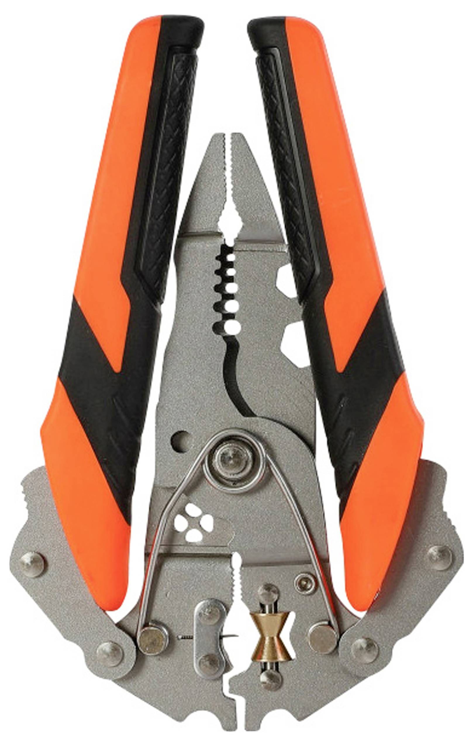 Zange mit orangefarbenen Griffen und integriertem Drahtschneider, geeignet für verschiedene handwerkliche Arbeiten.
