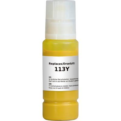Gelbe Flasche mit Etikett 'Replaces/Ersetzt: 113Y'. Deutsche und englische Sicherheitshinweise raten davon ab, das Produkt Kindern auszusetzen und empfehlen bei Bedarf ärztlichen Rat einzuholen.