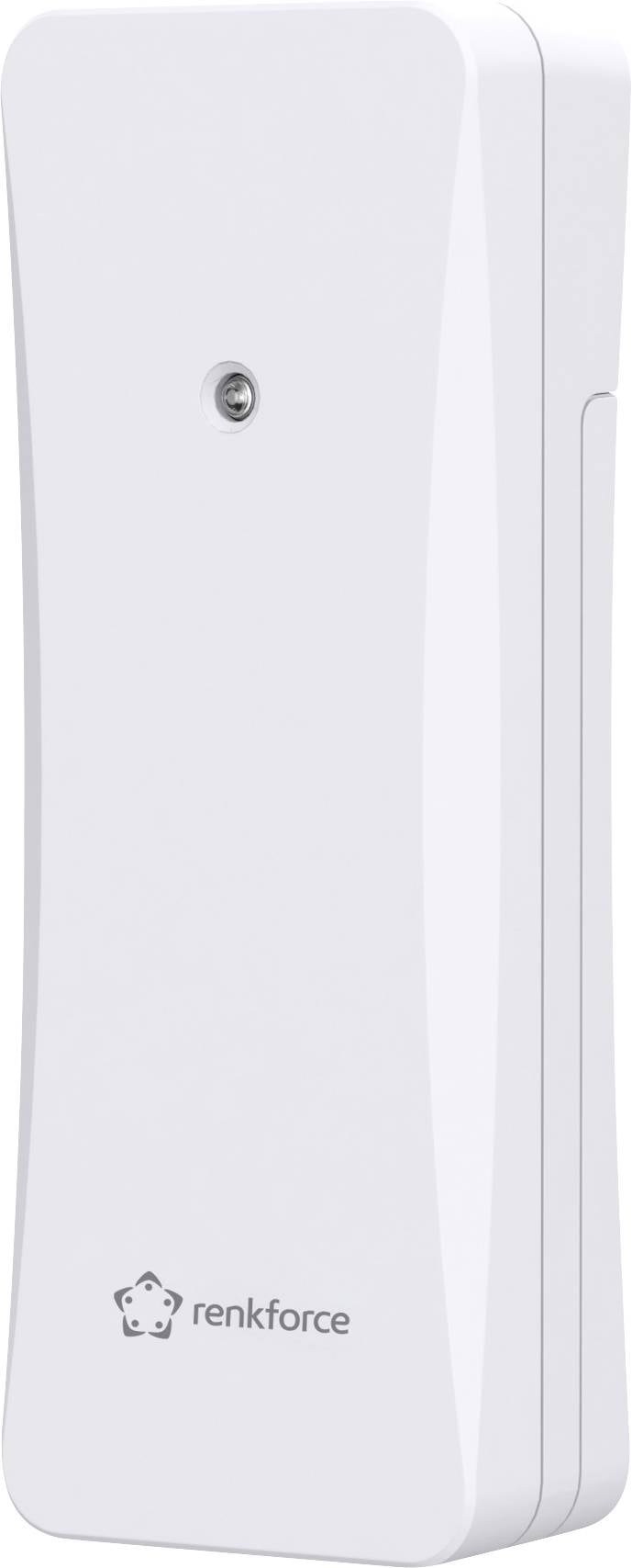 Ein weißer, rechteckiger Feuchtigkeitssensor mit einem kleinen Loch in der Mitte und dem Logo 'renkforce' unten links.
