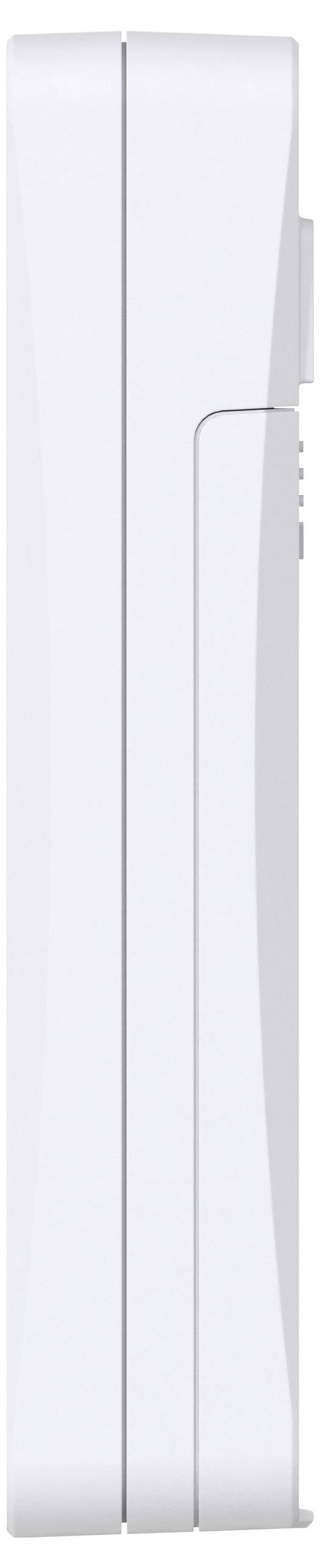 Seitenansicht eines schlanken, weißen elektronischen Geräts mit abgerundeten Kanten, möglicherweise ein Klapptelefon oder ein kleines Gerät.