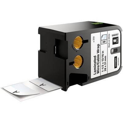 Etikettendruckerpatrone von Dymo mit sichtbaren Etiketten, auf denen ein 'A' gedruckt ist. Geeignet für Kabelkennzeichnung.