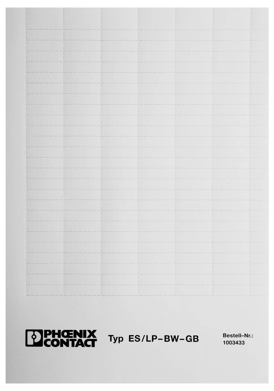 Etikettenblatt von 'Phoenix Contact', Typ ES/LP-BW-GB. Enthält quadratische, abnehmbare Etiketten mit Raster, Bestell-Nr. 1003433.