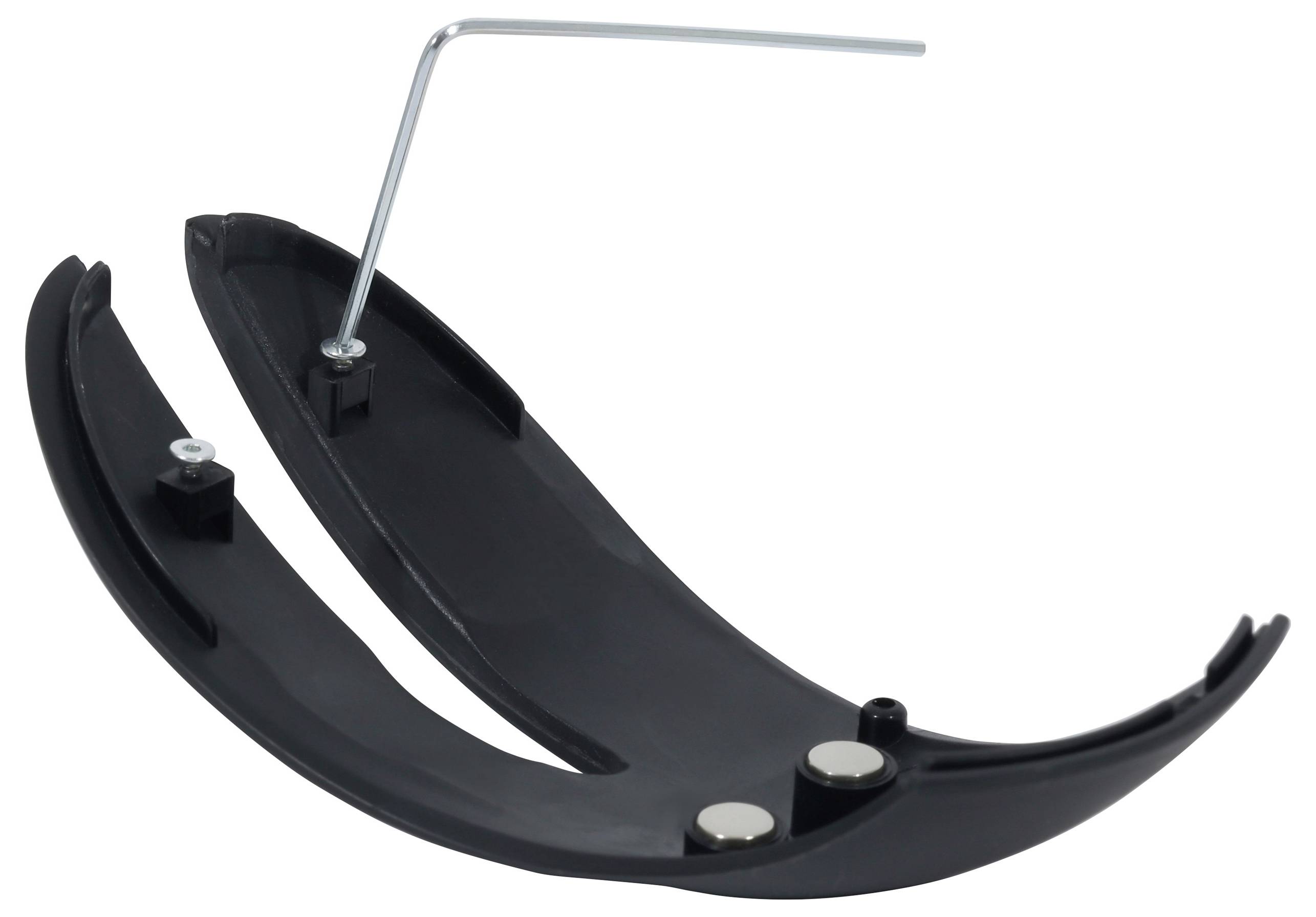 Schwarze Kunststoffhalterung mit eingebautem Metallschlüssel, wahrscheinlich ein Montagetool, auf weißem Hintergrund.