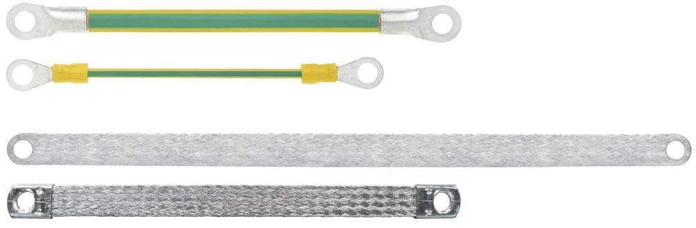 Drei verschieden große Erdungsbänder, zwei mit gelb-grüner Isolierung, eines aus gewebtem Metall, liegen parallel nebeneinander.
