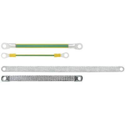 Drei verschieden große Erdungsbänder, zwei mit gelb-grüner Isolierung, eines aus gewebtem Metall, liegen parallel nebeneinander.