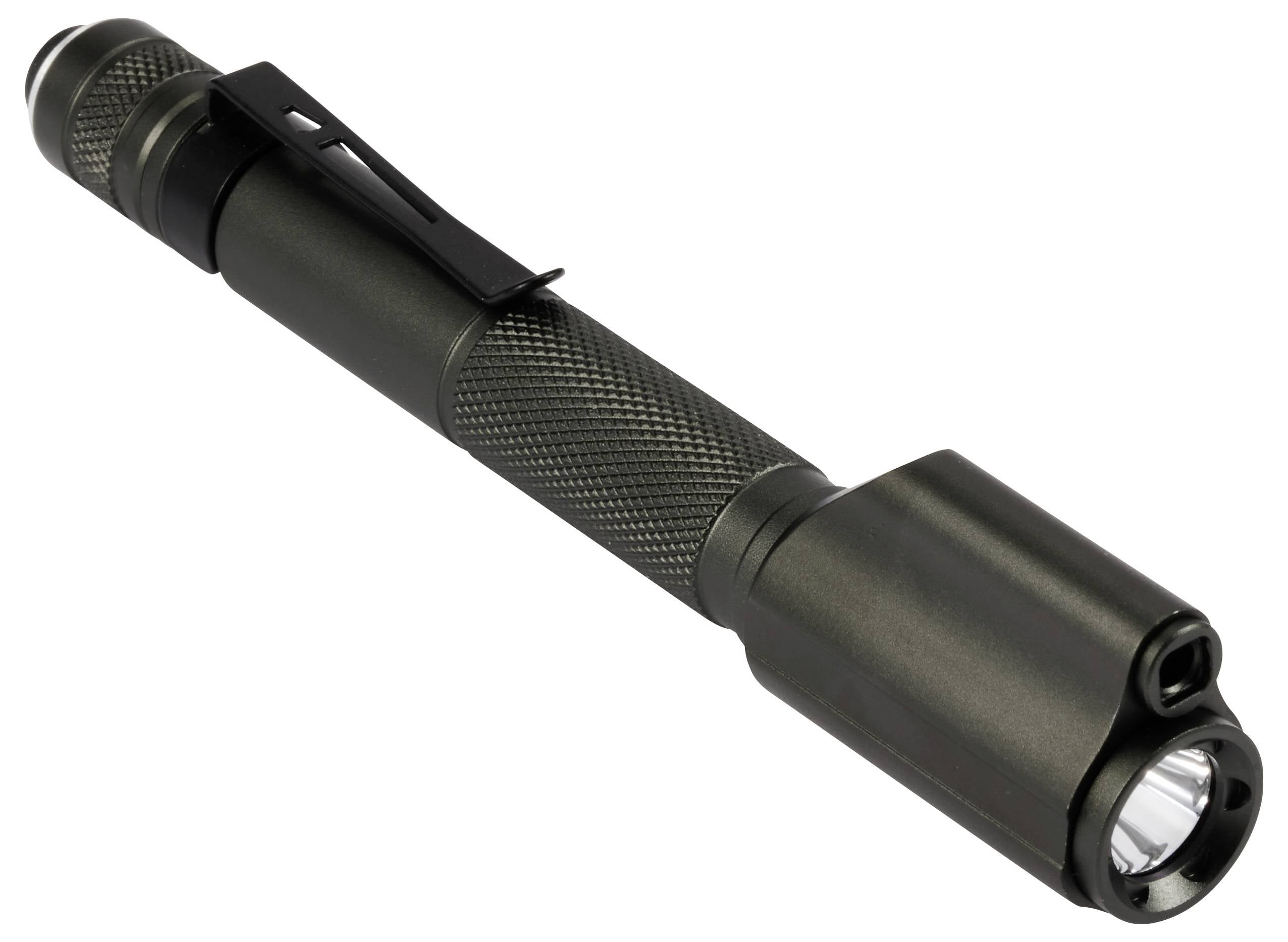 Stablampe mit geriffeltem Griff und Taschenclip, schwarz, zeigt den Lichtkegel.