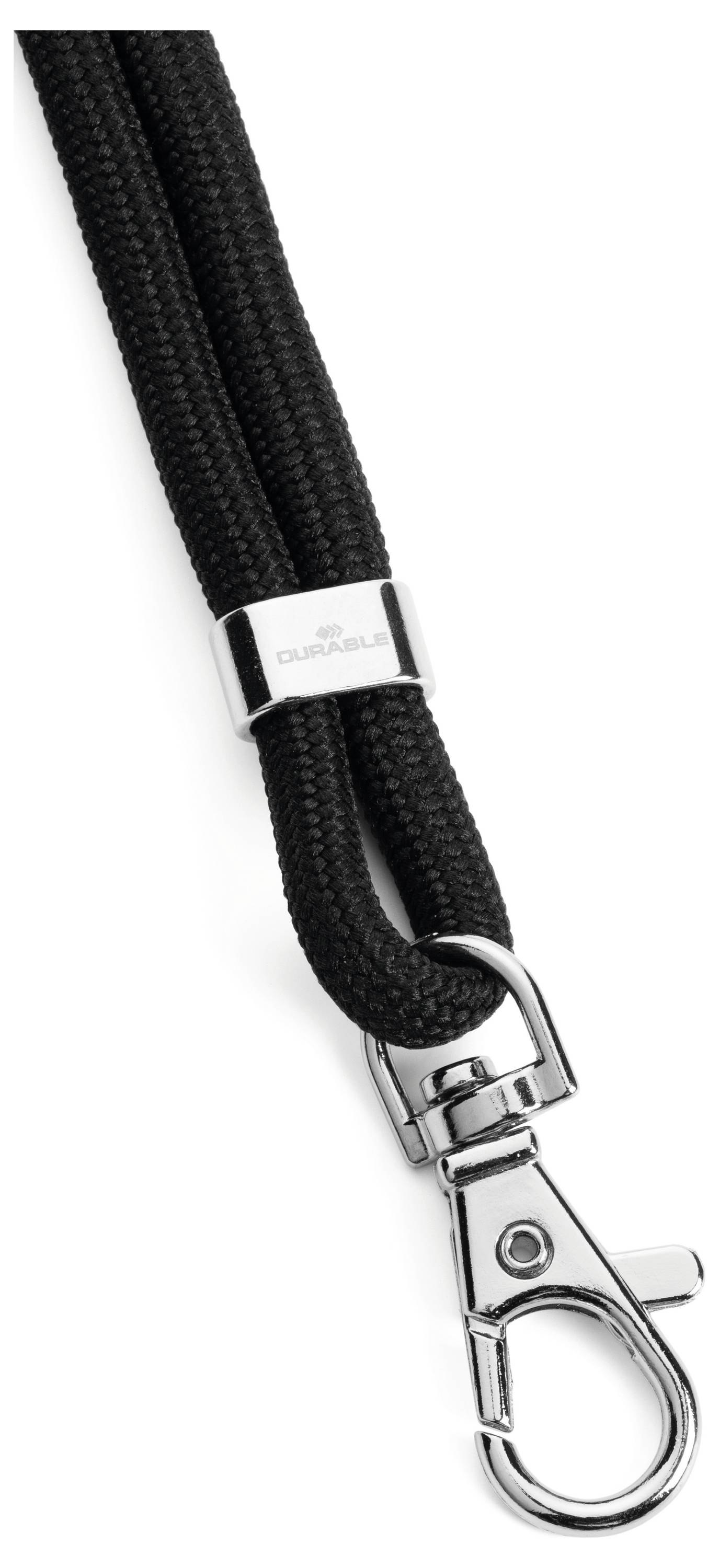Ein schwarzes Schlüsselband mit einem silbernen Karabinerhaken. Der Haken dient zum Befestigen von Gegenständen.