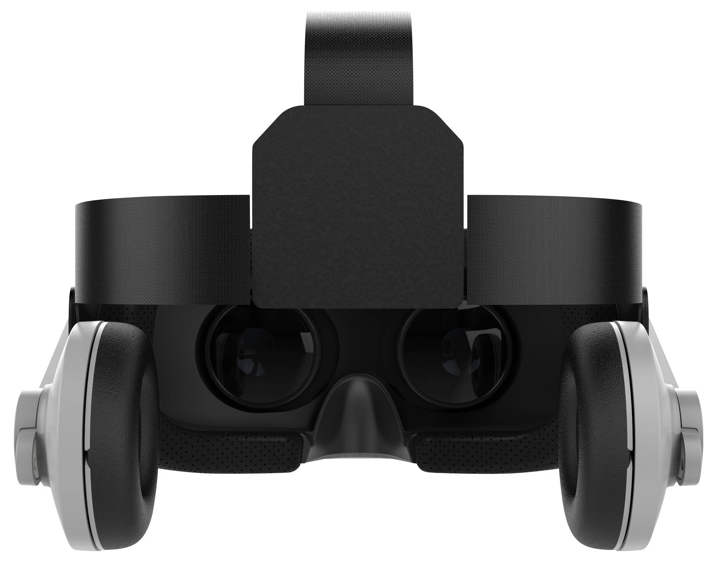 Virtuelle Realität Brille von vorne mit abnehmbaren Ohrhörern und verstellbarem Kopfband.