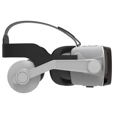 VR-Headset in seitlicher Ansicht mit schwarzem und grauem Design, verstellbare Kopfriemen und Gehöreinheiten sichtbar.