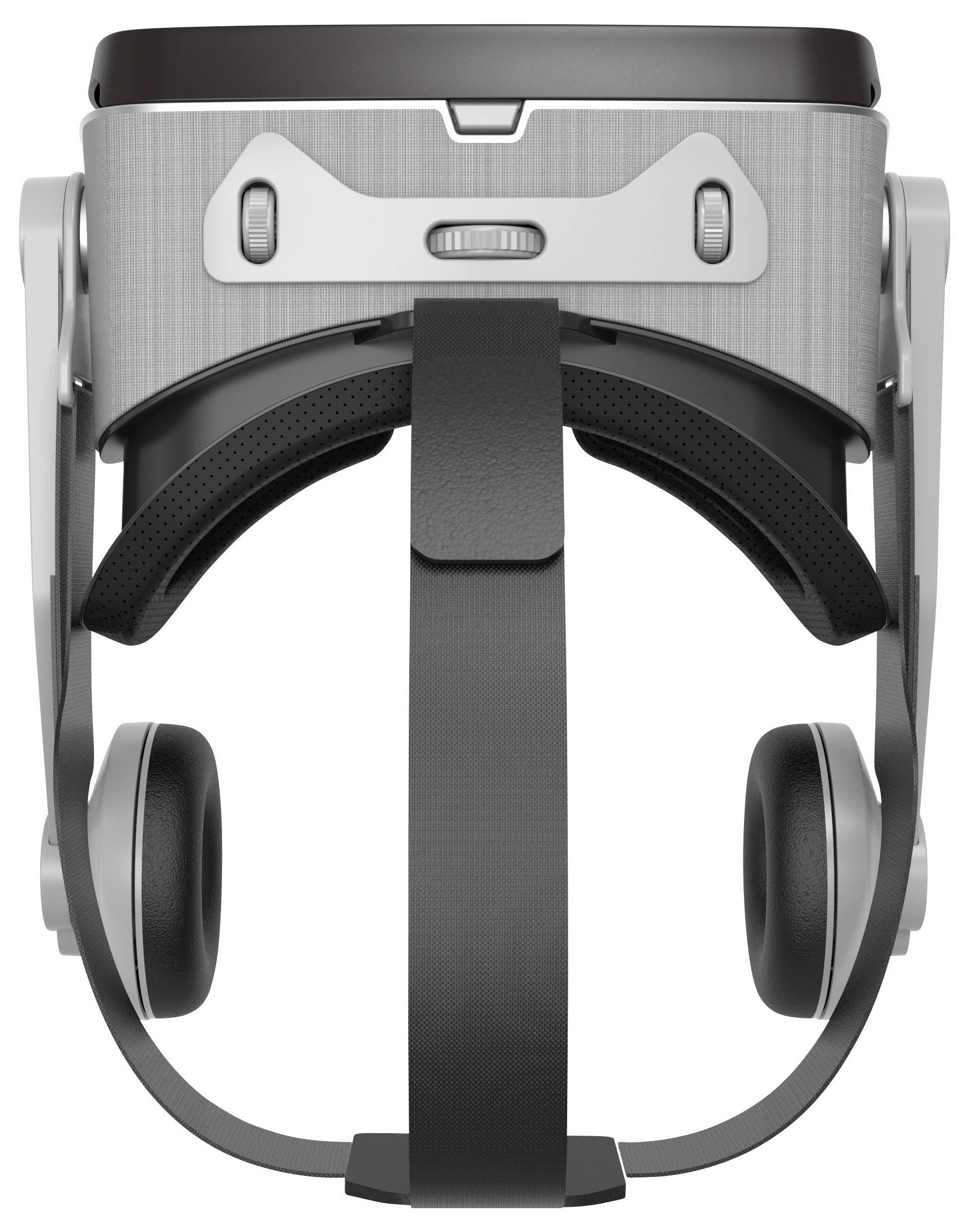 Virtuelle Realität (VR) Headset von hinten, mit Kopfbändern und Ohrmuscheln, bereit für den Gebrauch.