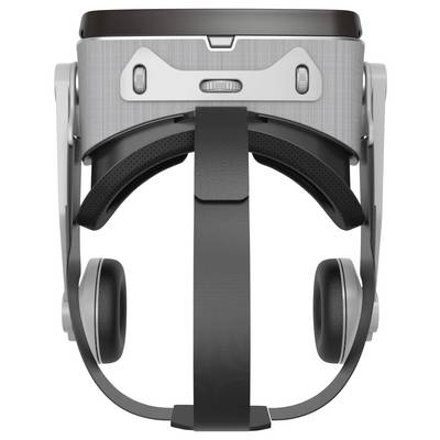 Virtuelle Realität (VR) Headset von hinten, mit Kopfbändern und Ohrmuscheln, bereit für den Gebrauch.