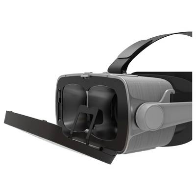 VR-Headset mit geöffneter Frontabdeckung, die eine Halterung für ein Smartphone zeigt. Hauptsächlich in Grau- und Schwarztönen gehalten.