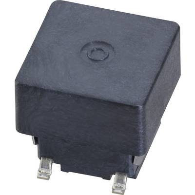 Ein schwarzes elektronisches Bauteil in Würfelform mit zwei metallischen Anschlüssen an der Unterseite.
