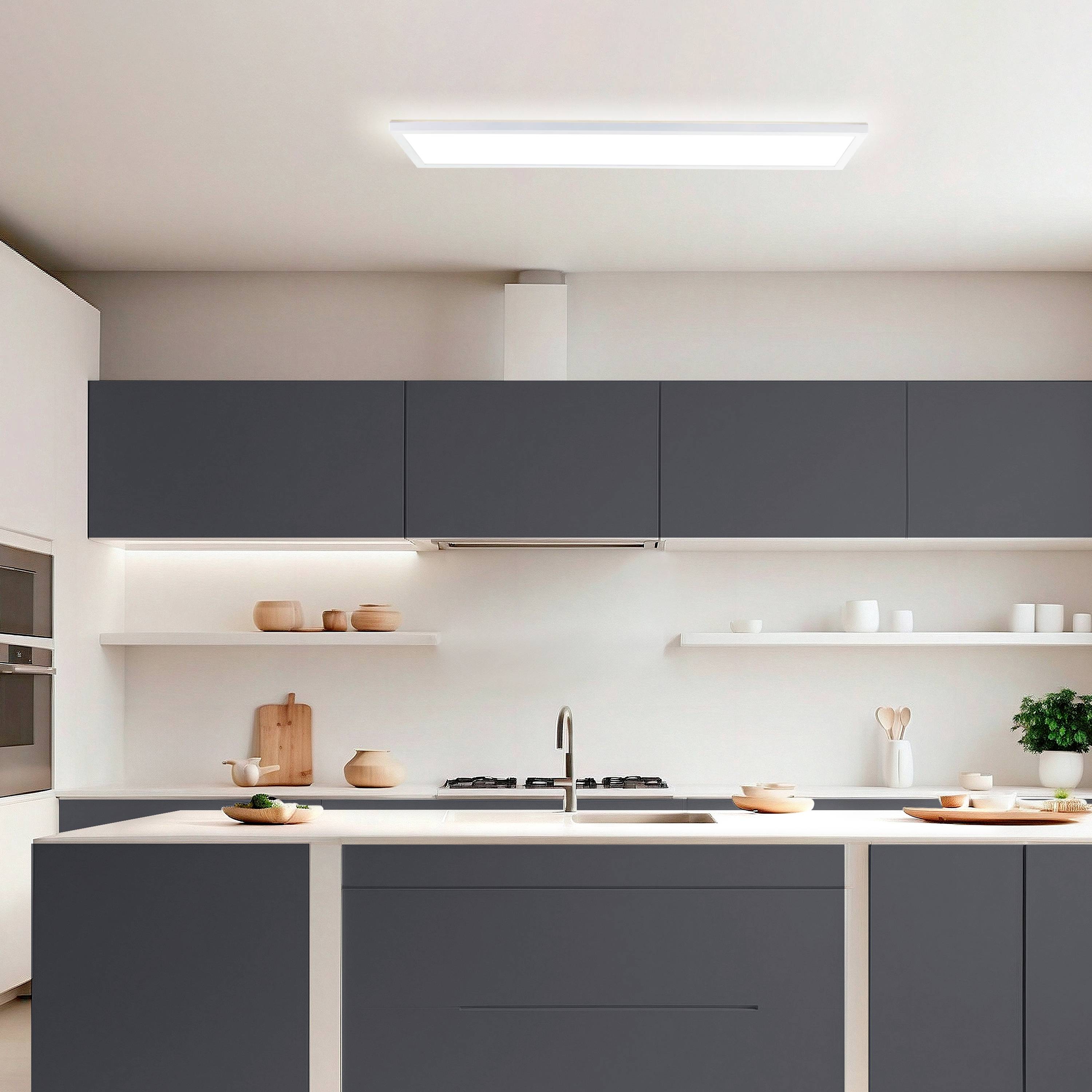 Moderne Küche mit grauen Schränken, weißer Arbeitsplatte und Hängeregalen. Dekor mit Pflanzen und Keramik.