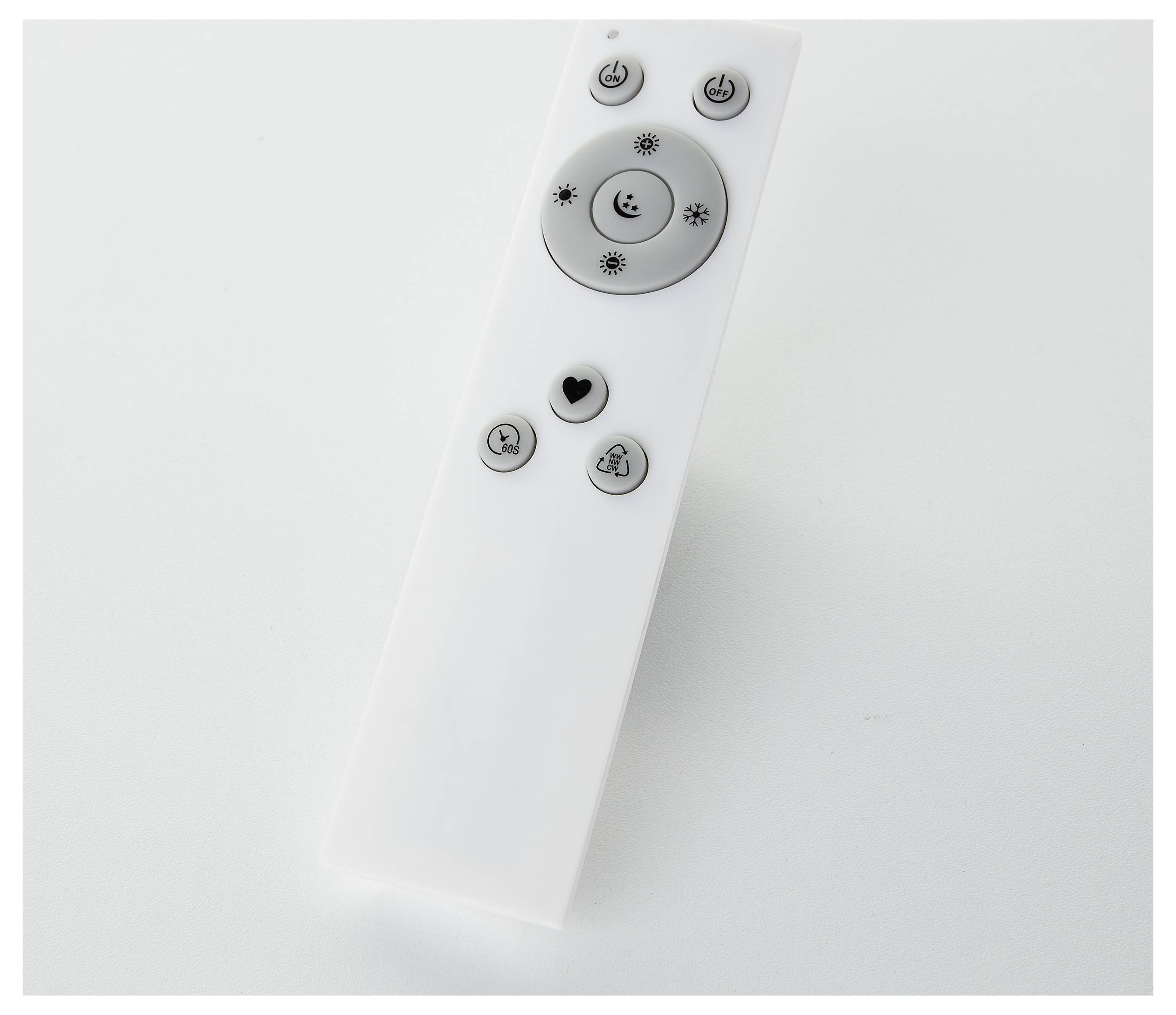 Eine weiße Fernbedienung mit Symbolen für Power, Lichter, Herz, Klingen und einen Knopf für Helligkeitseinstellung.