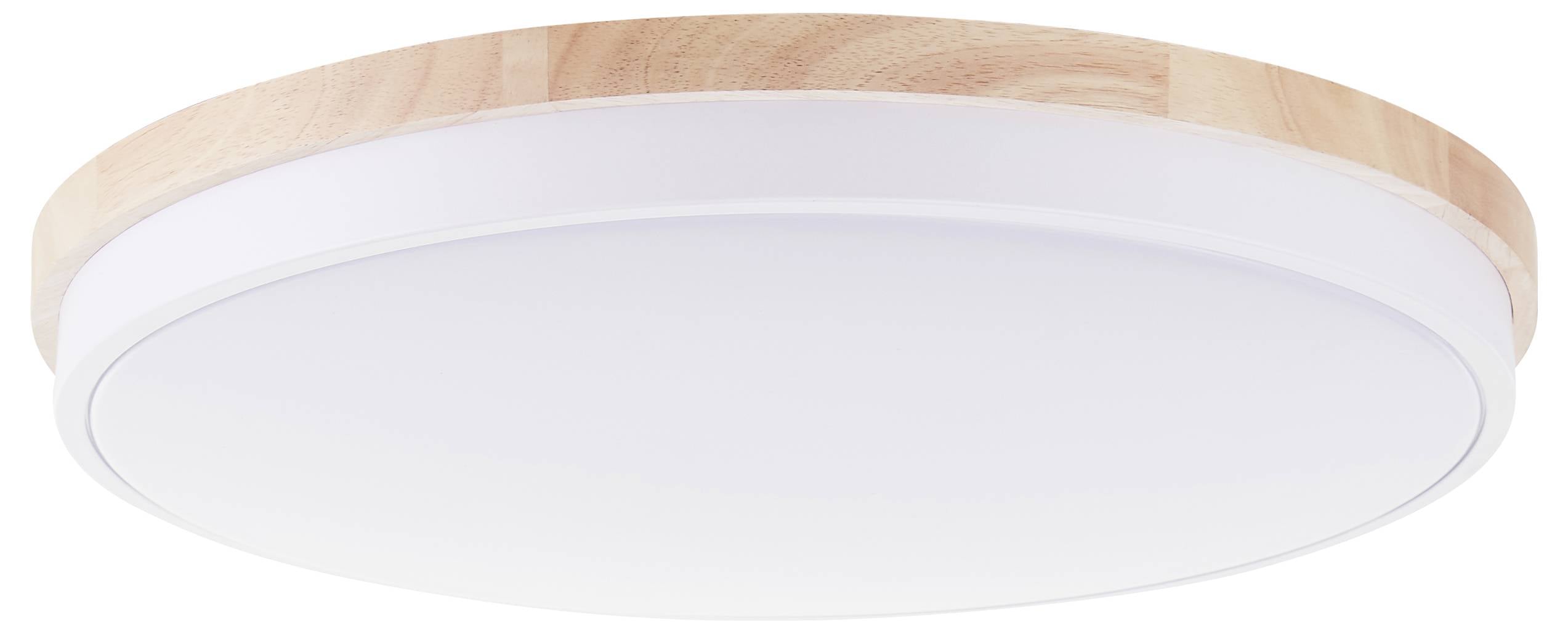 Eine runde LED-Deckenleuchte mit Holzrahmen und weißem Diffusor. Ideal für moderne Wohnräume.