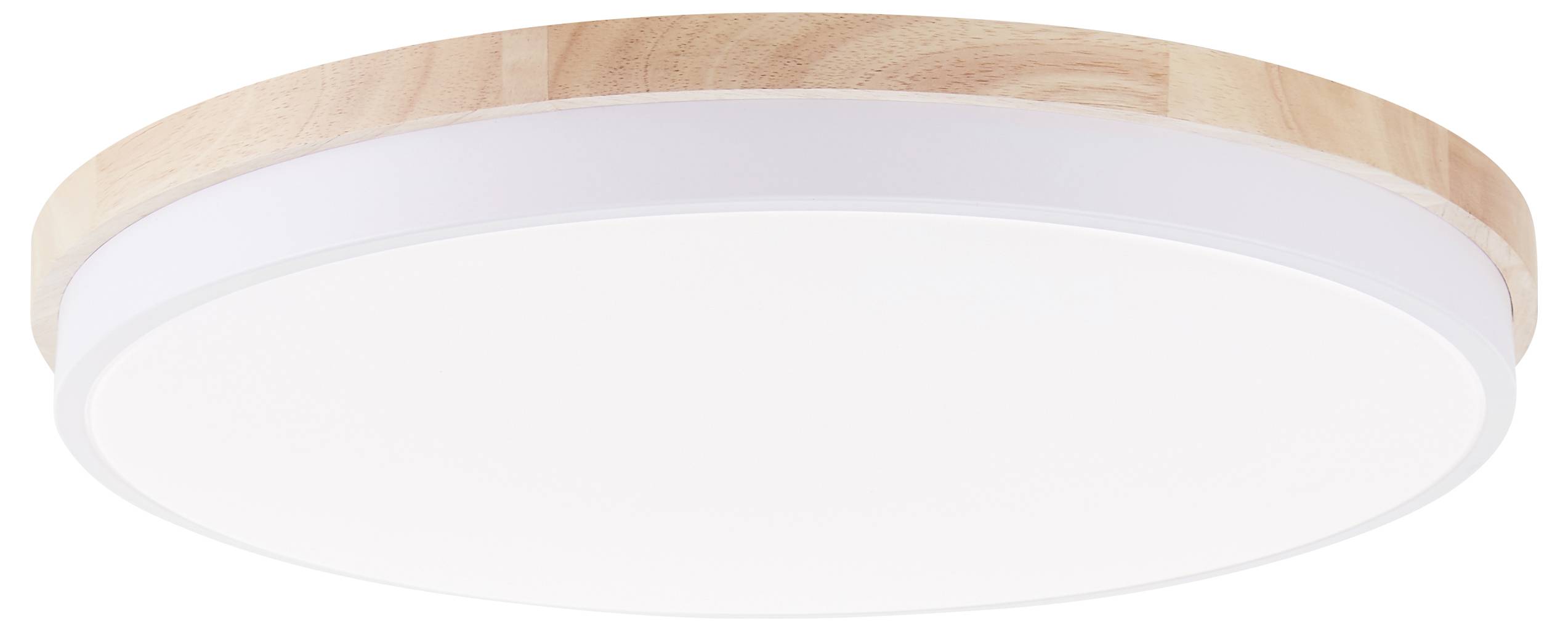 Runde, flache Deckenleuchte mit Holzrand und entspanntem weißem Leuchtpanel, geeignet für moderne Wohnräume.