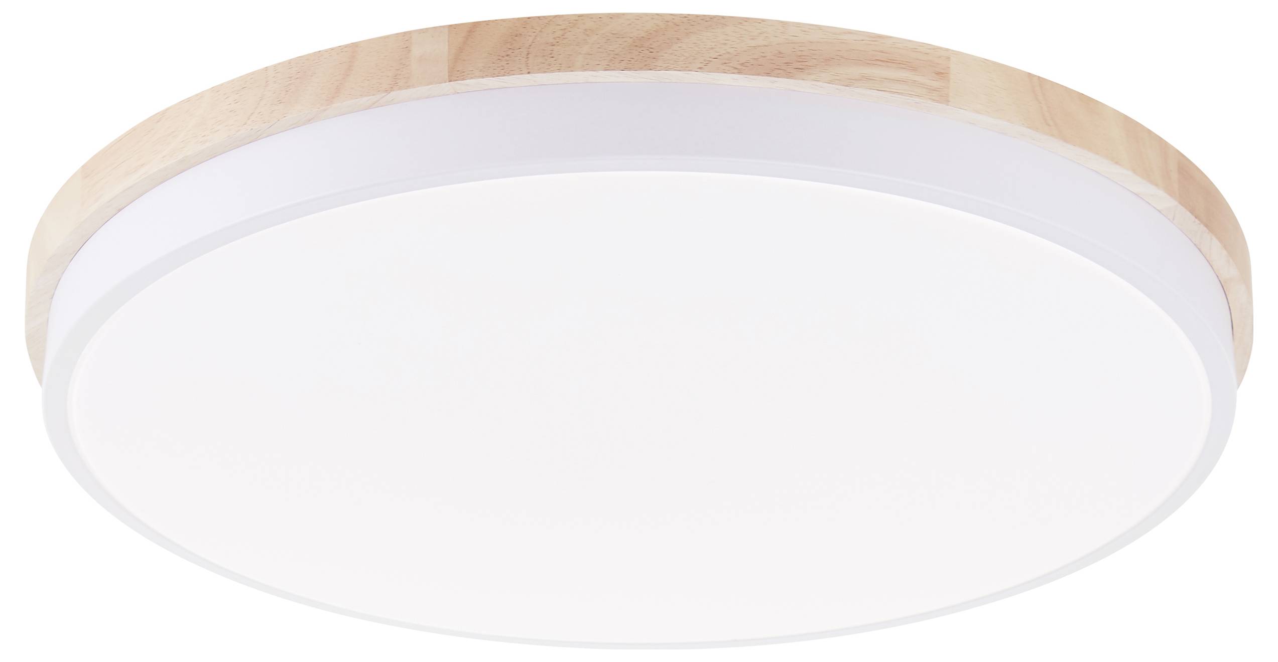 Eine runde, flache Deckenleuchte mit einem Holzrand; modernes Design und warmes Licht.
