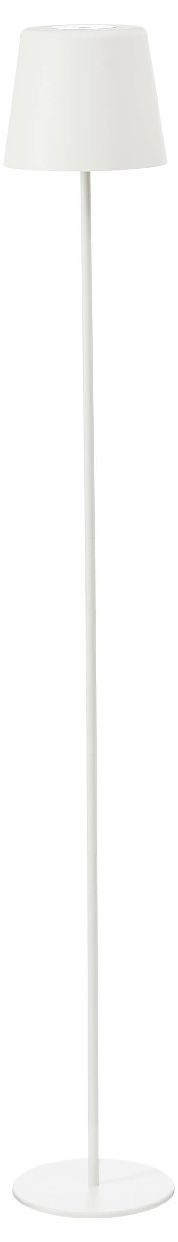 Weiße Stehlampe mit schlichtem Design; runder Fuß, gerader Ständer, konischer Lampenschirm.