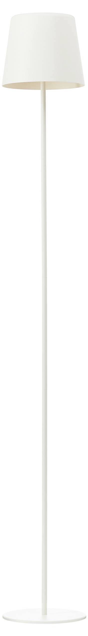 Stehlampe mit schmalem, weißem Standfuß und schlichtem, weißem Lampenschirm.