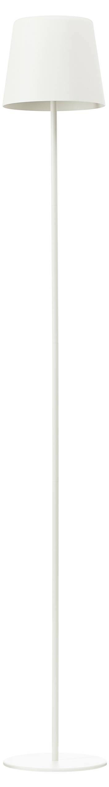 Weiße, schlichte Stehlampe mit einem zylindrischen Lampenschirm und einem dünnen, geraden Standfuß. Ideal für minimalistisches Design.