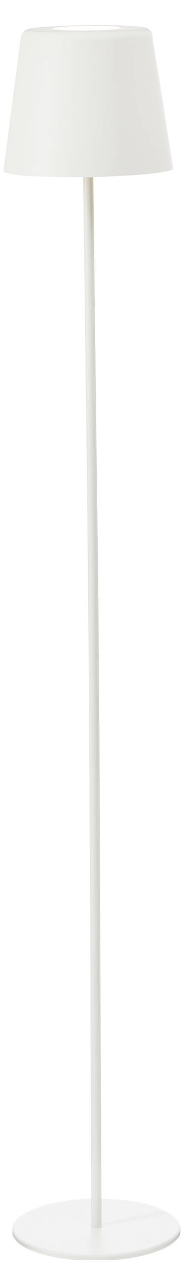 Weiße Stehlampe mit schlichtem, modernem Design; runder Sockel, schmaler Ständer und konischer Lampenschirm.