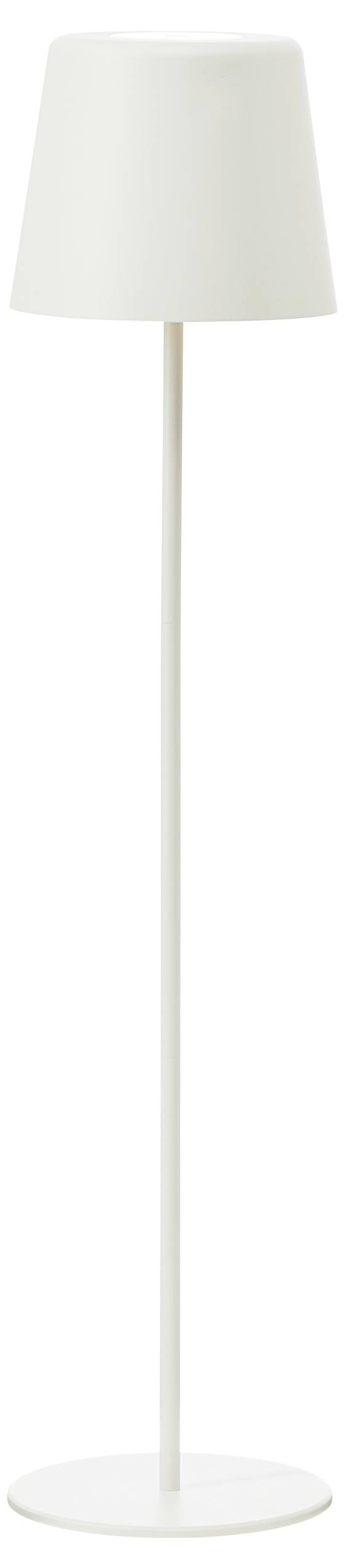 Eine weiße, schlanke Stehlampe mit einem schlichten Schirm und rundem Sockel.