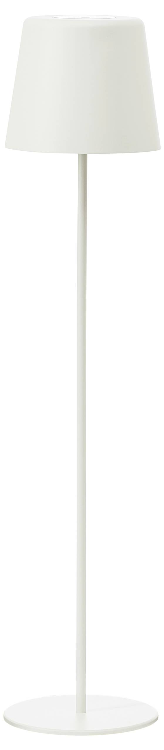 Weiße Stehlampe mit schlichtem, modernem Design, bestehend aus schlankem Ständer und kegelförmigem Lampenschirm.