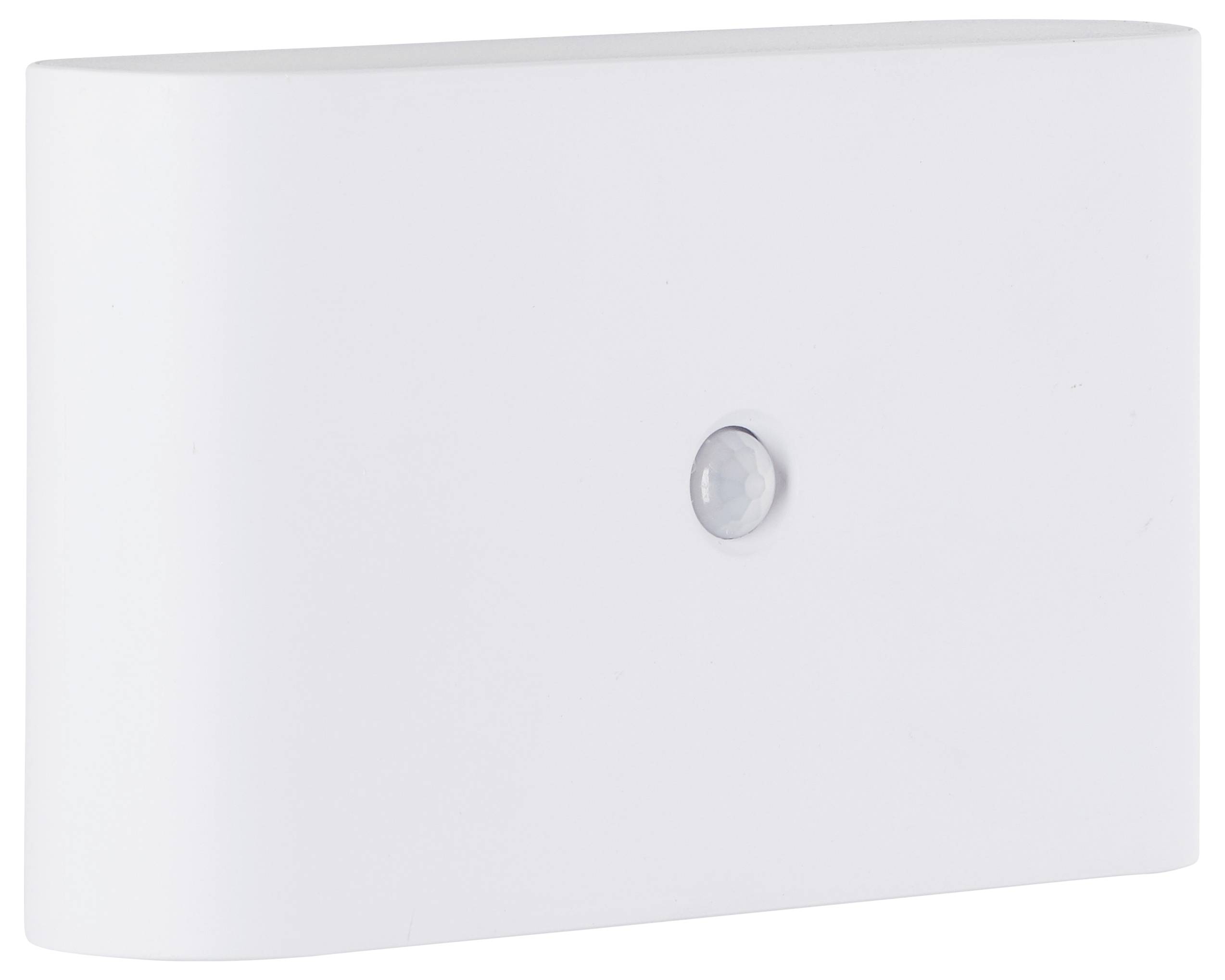Ein weißer, rechteckiger Bewegungsmelder mit einem zentralen runden Sensor in einer schlichten, modernen Gestaltung.