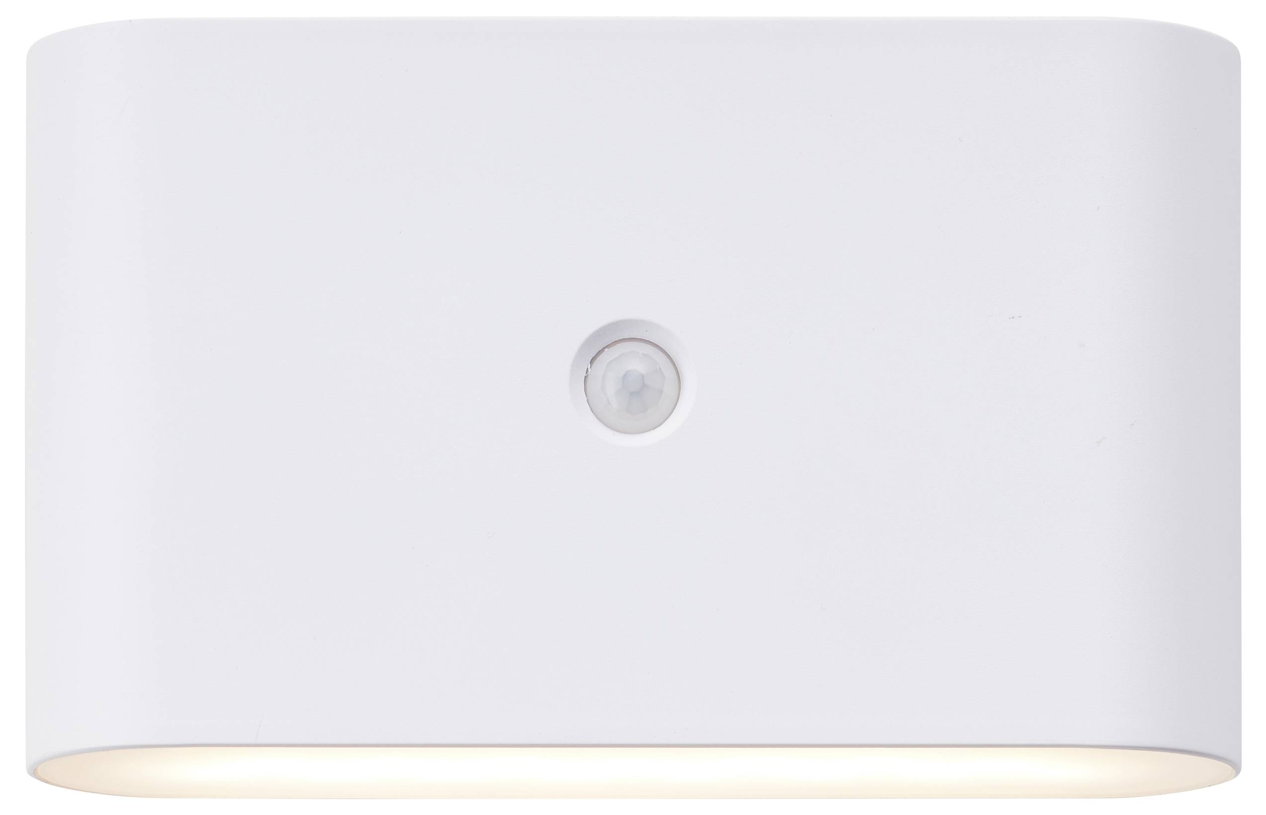 Eine rechteckige weiße Wandlampe mit einem integrierten Bewegungssensor in der Mitte, strahlt sanftes Licht nach unten aus.