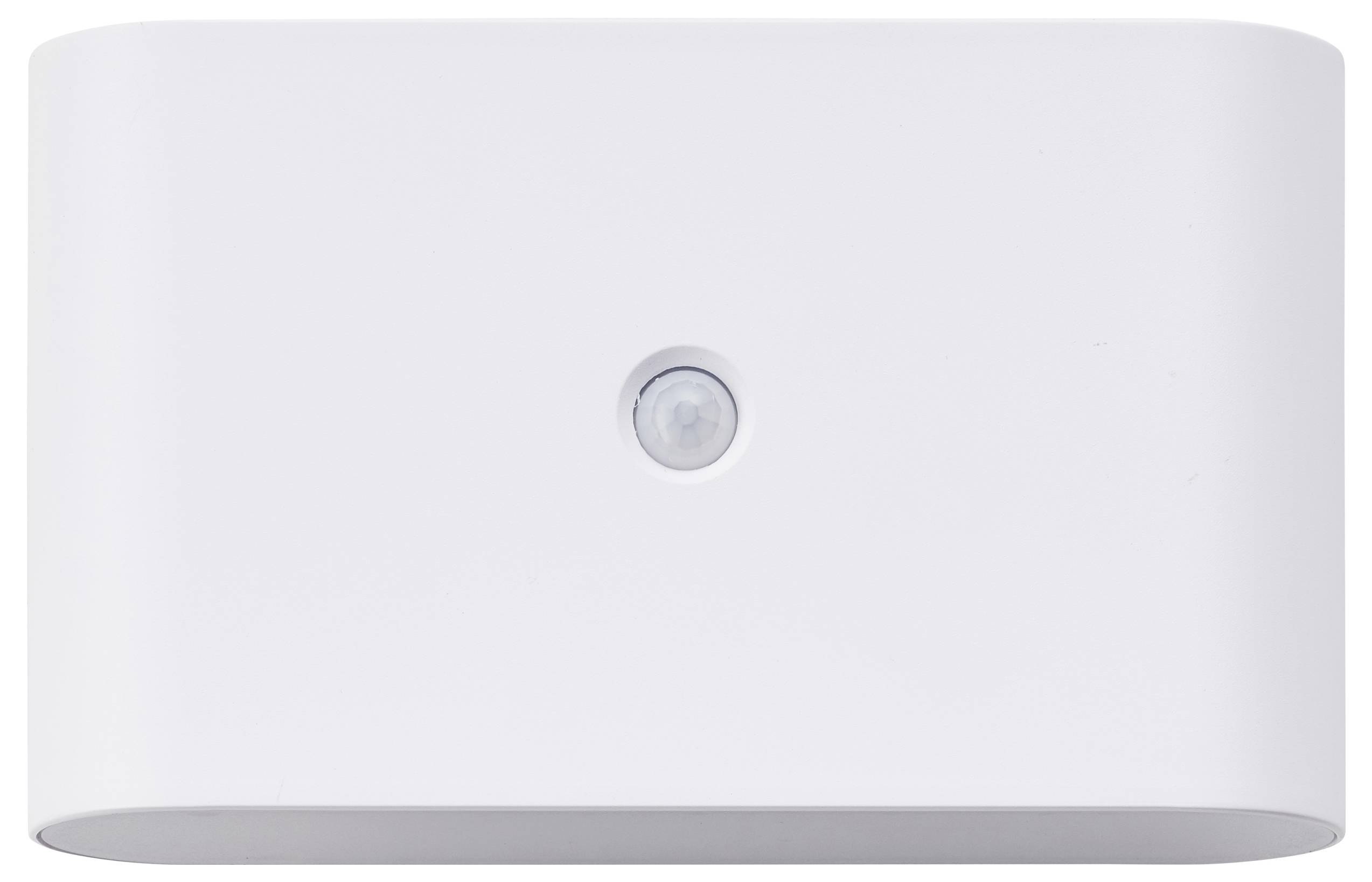 Ein weißer, rechteckiger Bewegungssensor an der Wand, ohne sichtbare Marken oder Logos.