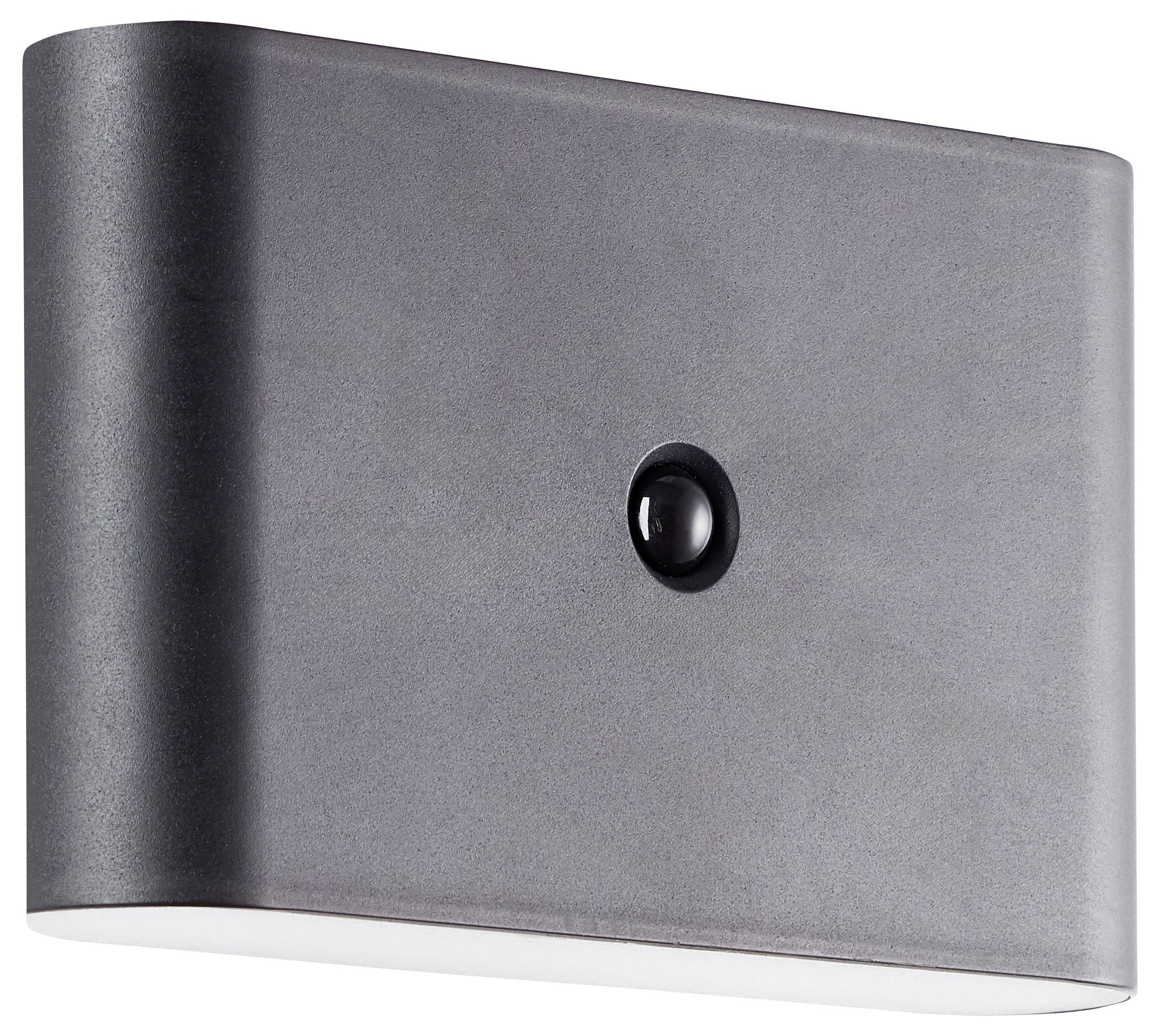 Graue Wandleuchte mit modernem, rechteckigem Design und abgerundeten Kanten. In der Mitte befindet sich ein kreisförmiger Sensor.