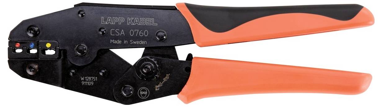 Crimpwerkzeug mit rot-schwarzem Griff, das für die Verbindung von Kabeln verwendet wird. Geeignet für verschiedene Kabelgrößen.